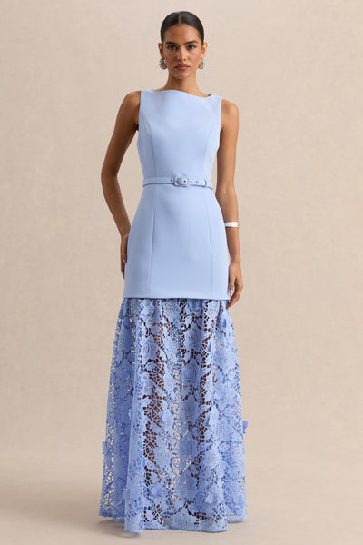 Verena | Powder Blue Boat-Neck Belted Maxi Dress With Lace Skirt – Club L London Verena | Powder Blue Boat-Neck Belted Maxi Dress With Lace Skirt – Club L London