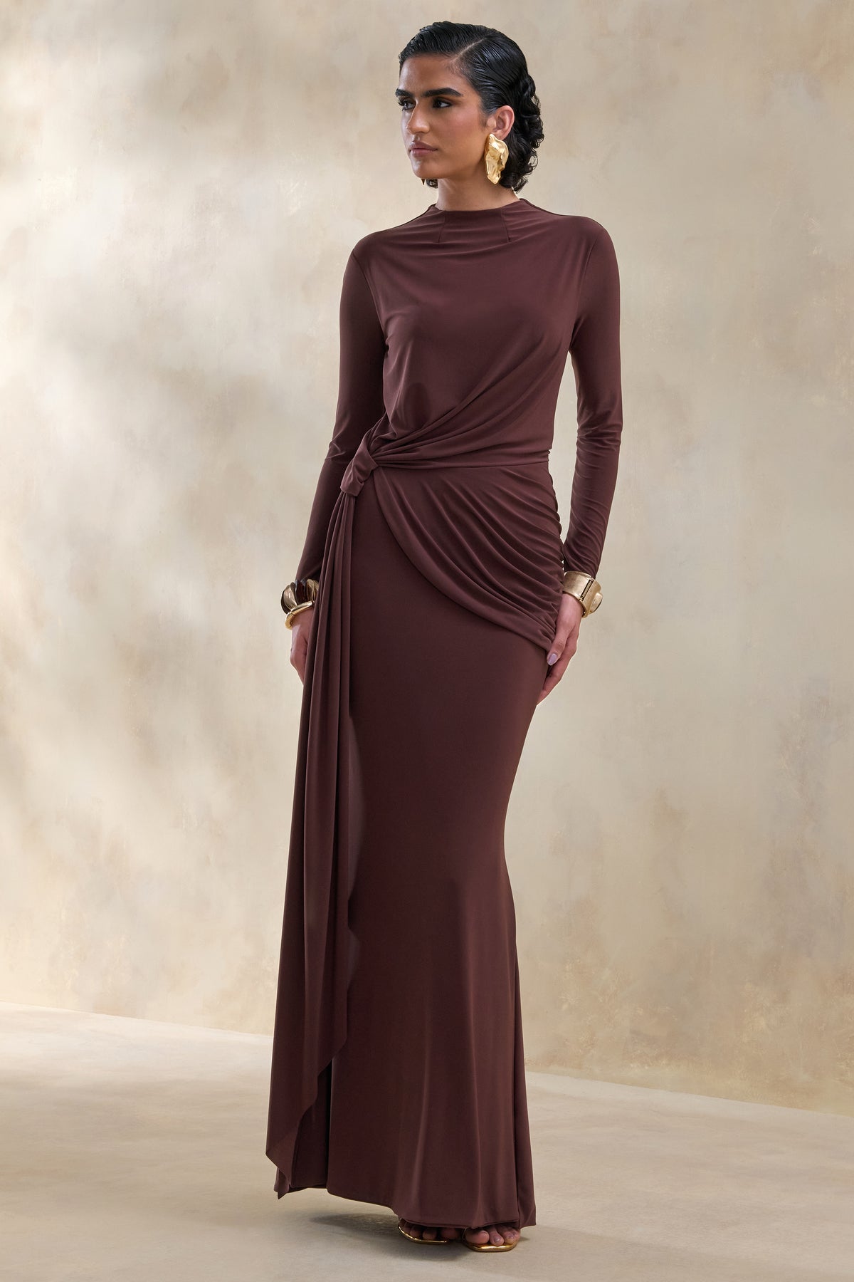 ECM_HR_CL137547021 - Kyrissa | Brown High-Neck Maxi Dress With Gathered-Detailing 1.jpg