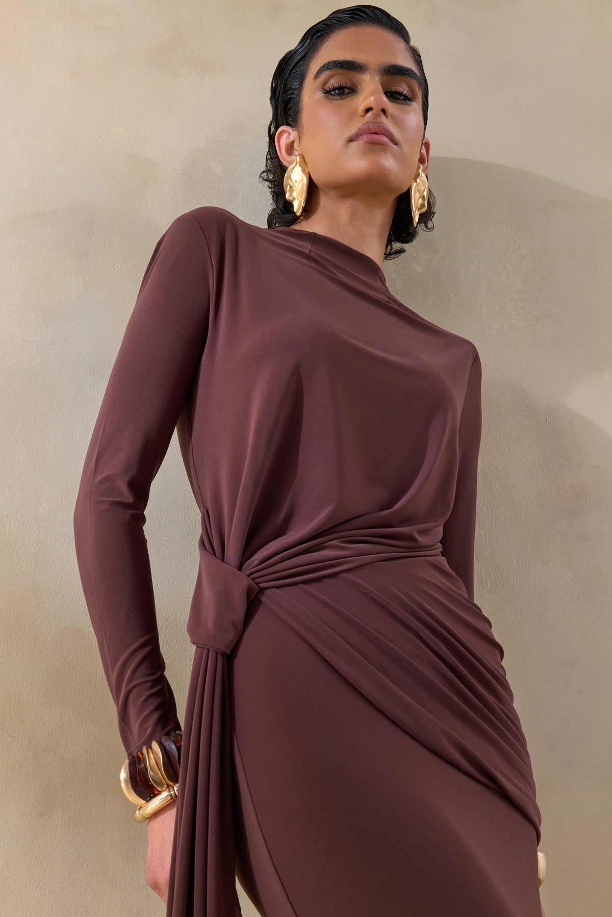 ECM_HR_CL137547021 - Kyrissa | Brown High-Neck Maxi Dress With Gathered-Detailing 4.jpg