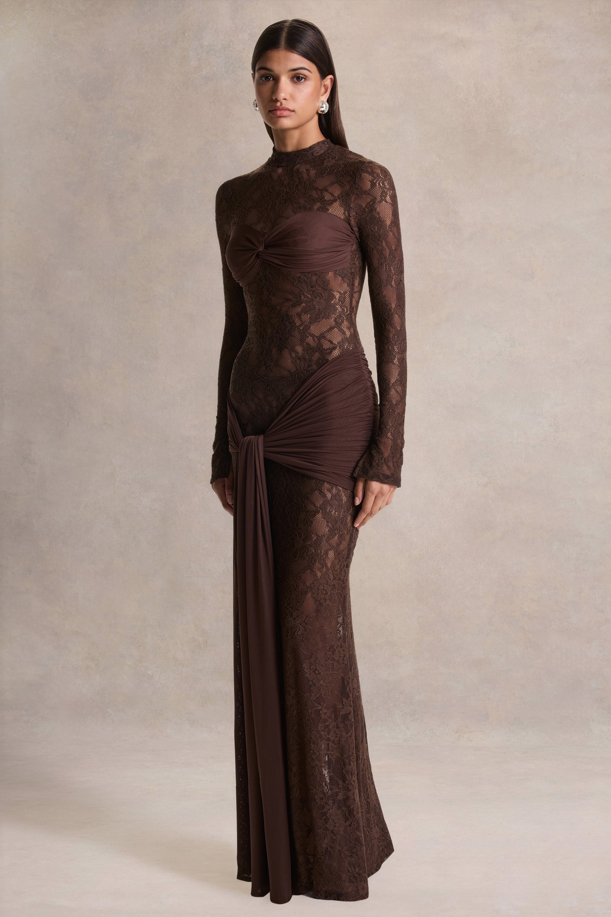 akira beaded maxi dress Akira | Brown Lace Maxi Dress With Sash-Detail – Club L London