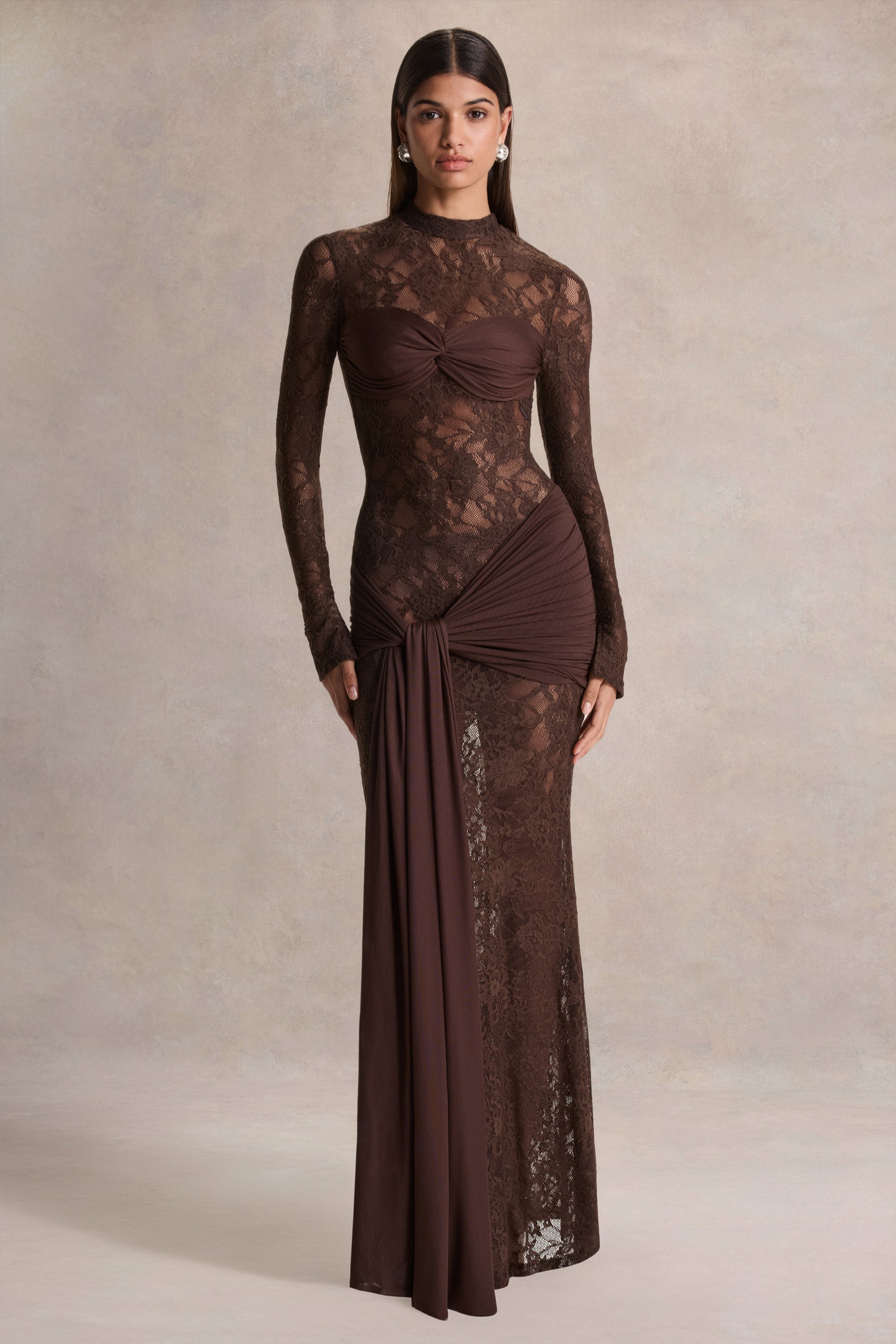 akira yellow tie mini dress Akira | Brown Lace Maxi Dress With Sash-Detail – Club L London