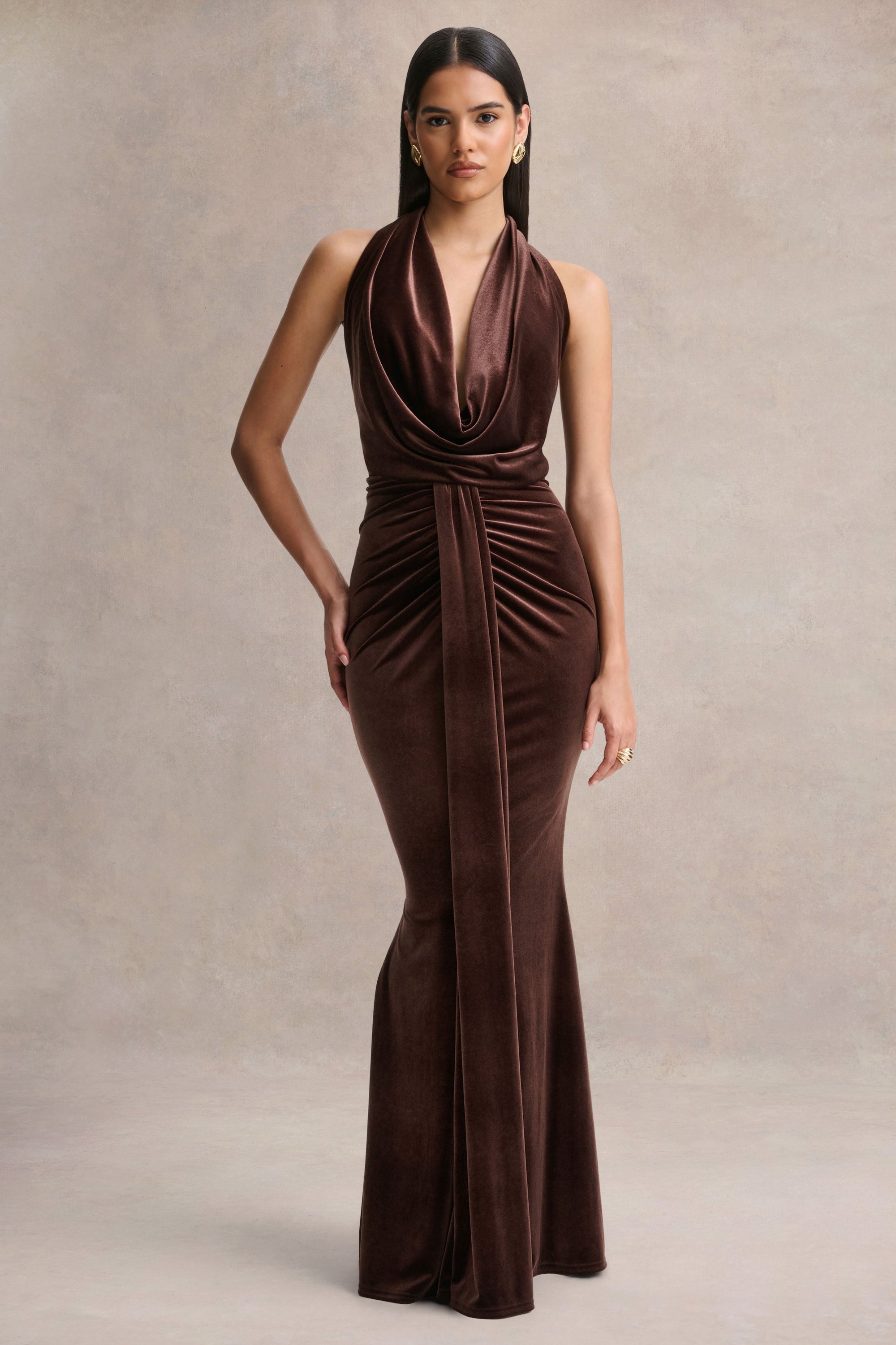 Lavernia | Brown Velvet Halter-Neck Maxi Dress With Gathered-Detailing –  Club L London
