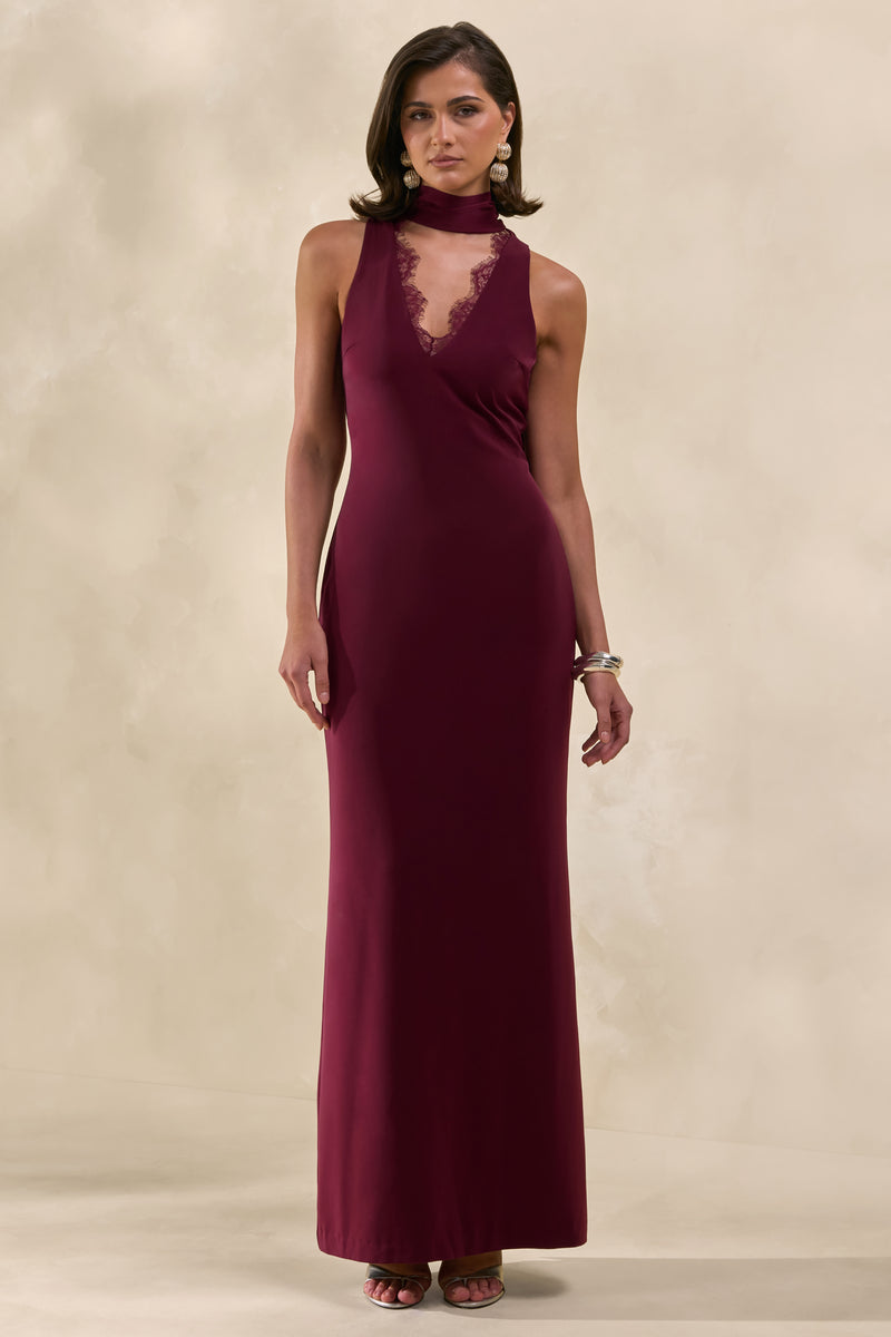 Alesso | Burgundy Satin Cowl-Neck Slip-Maxi Dress  Club L London - AUS