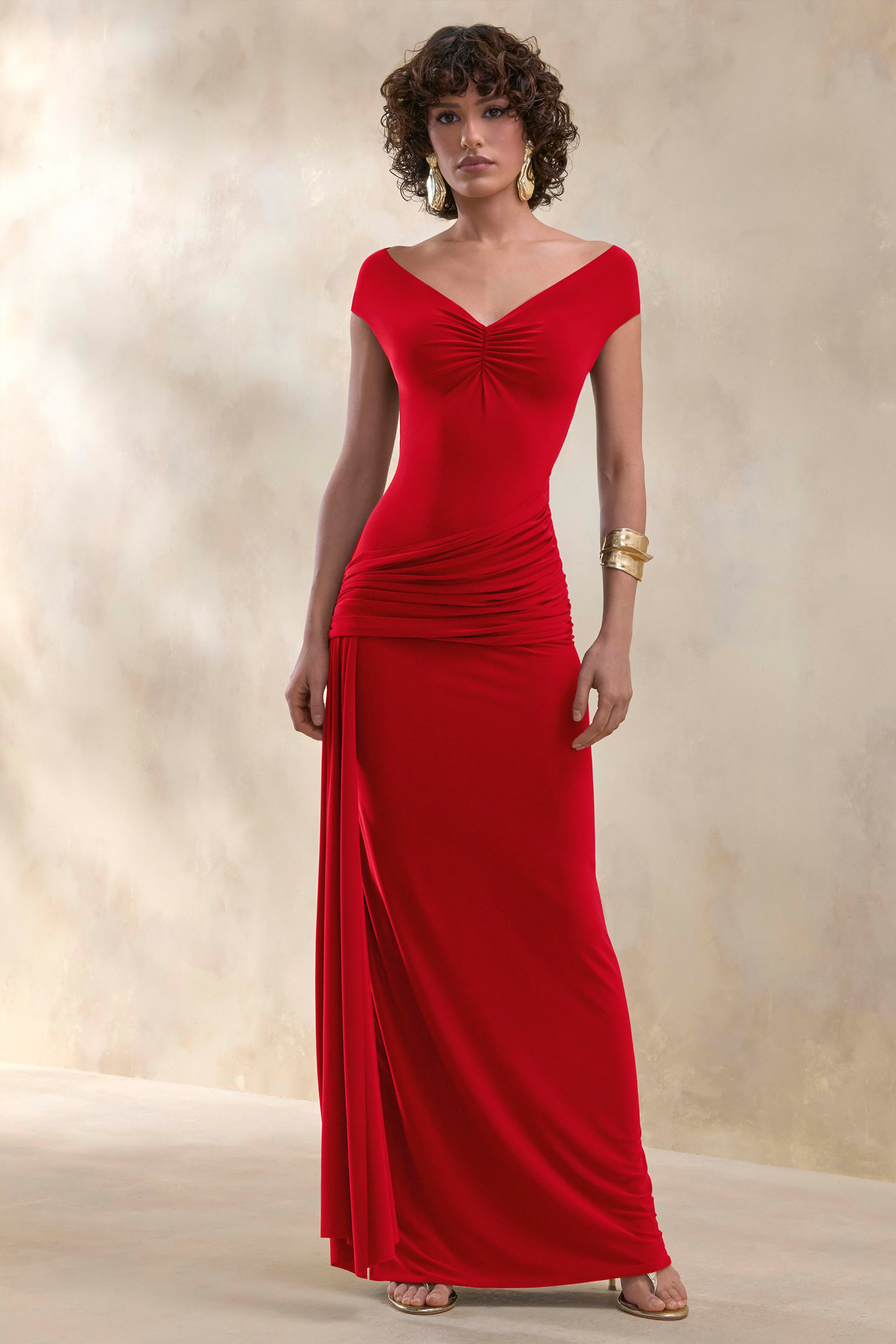 Petronia | Red V-Neck Maxi Dress With Wrap-Detail – Club L London - AUS