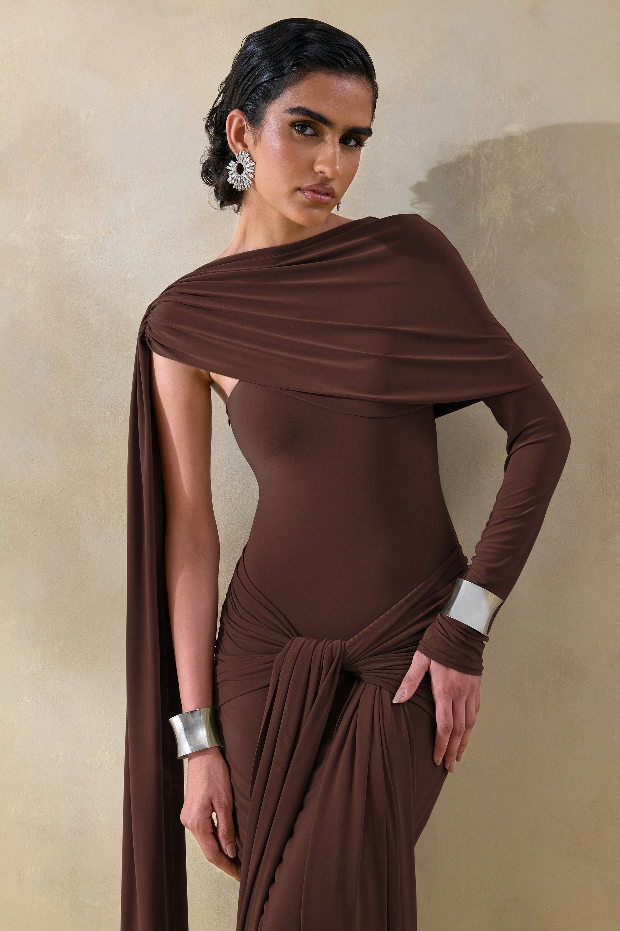 ECM_HR_CL137653022 - Trisara | Brown Asymmetric-Neck Maxi Dress With Gathered-Detailing And Sash 4.jpg
