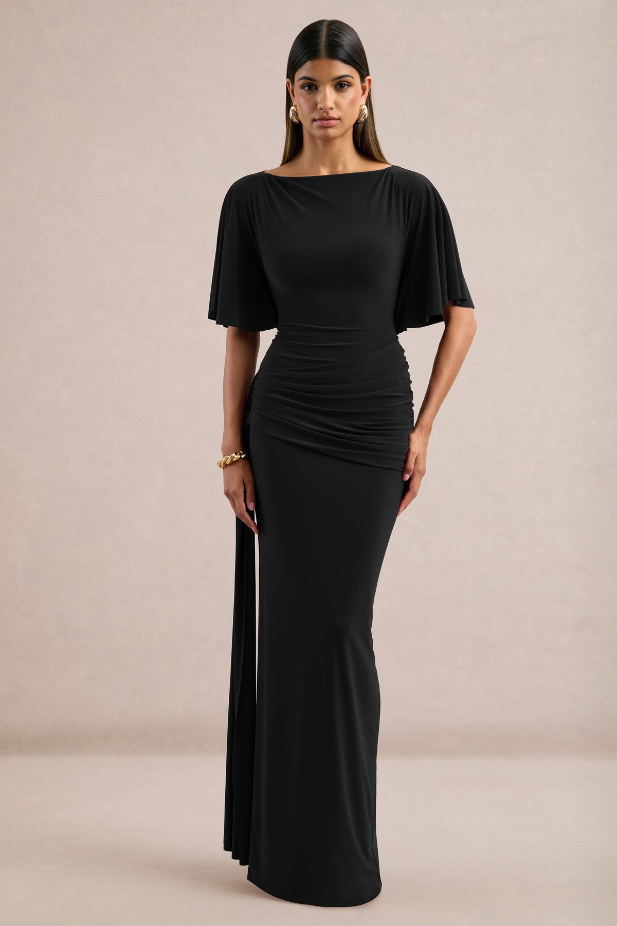 ECM_HR_CL13765800 - Emerelle | Black Jersey Ruched Boat Neck Short Sleeve Maxi Dress With Sash And Split1.jpg