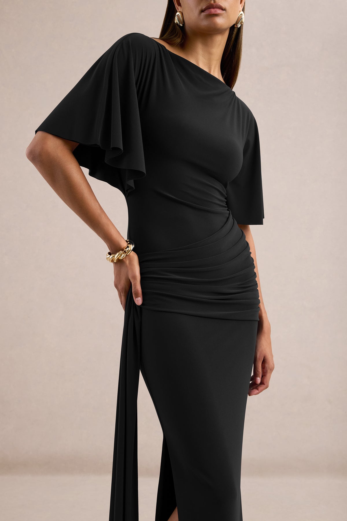 ECM_HR_CL13765800 - Emerelle | Black Jersey Ruched Boat Neck Short Sleeve Maxi Dress With Sash And Split3.jpg