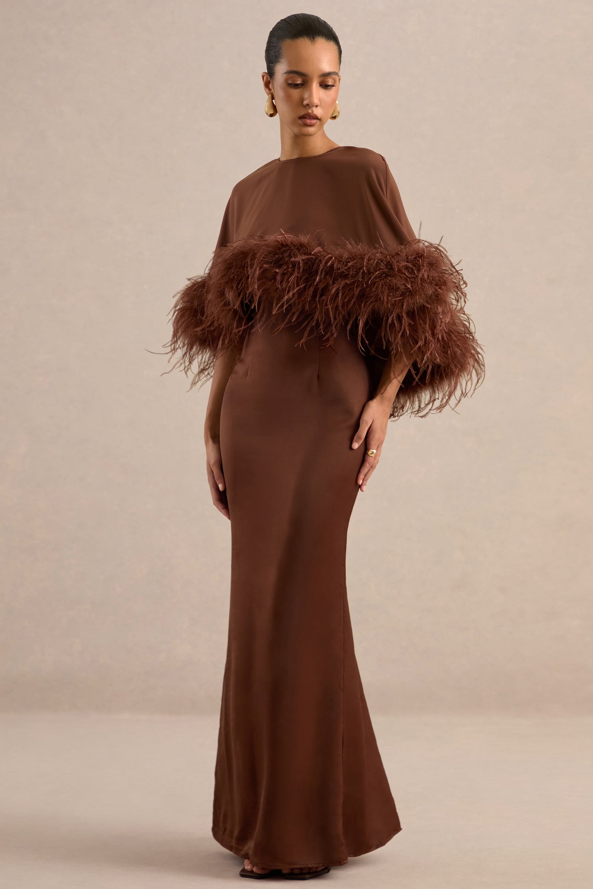 CL137662021 - Lavencia _ Brown Satin Wide-Neck Maxi Dress With Feather Trim 1.jpg