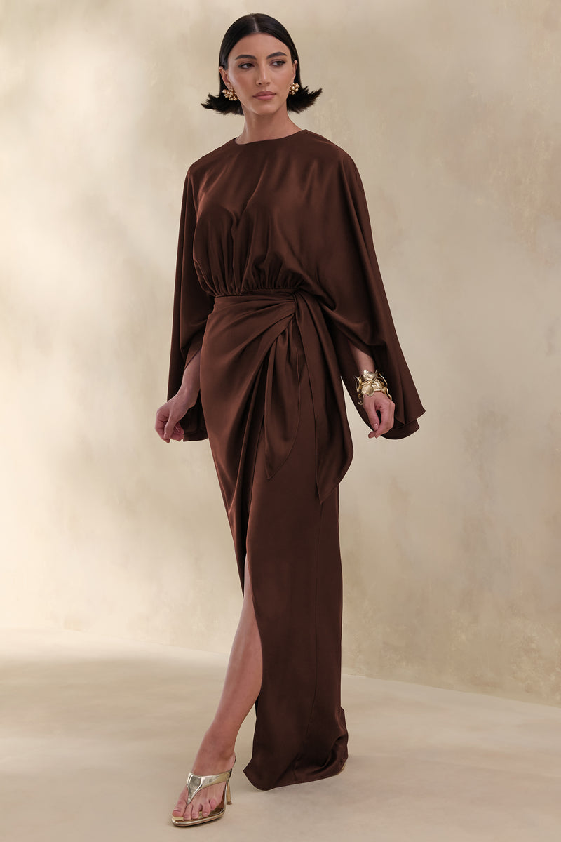 Delphina Brown Satin Maxi Dress With Gathered And Knot-Detail – Club L