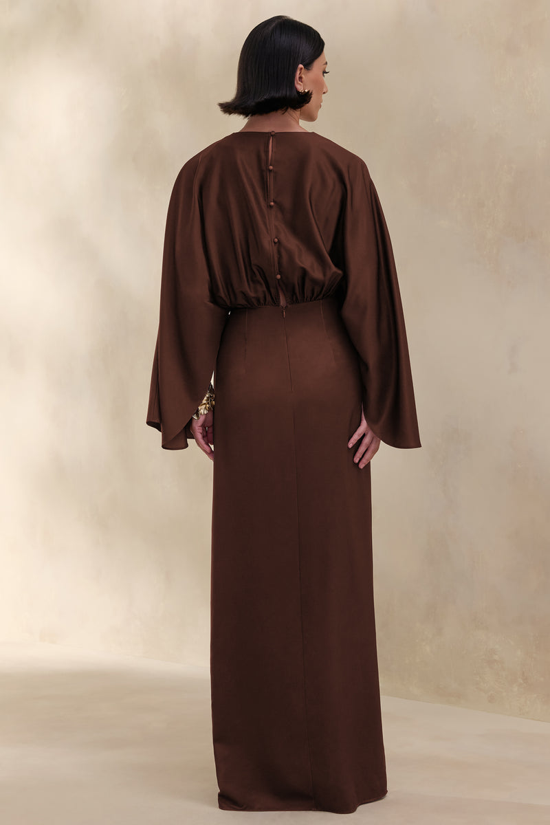 Delphina Brown Satin Maxi Dress With Gathered And KnotDetail Club L — free download