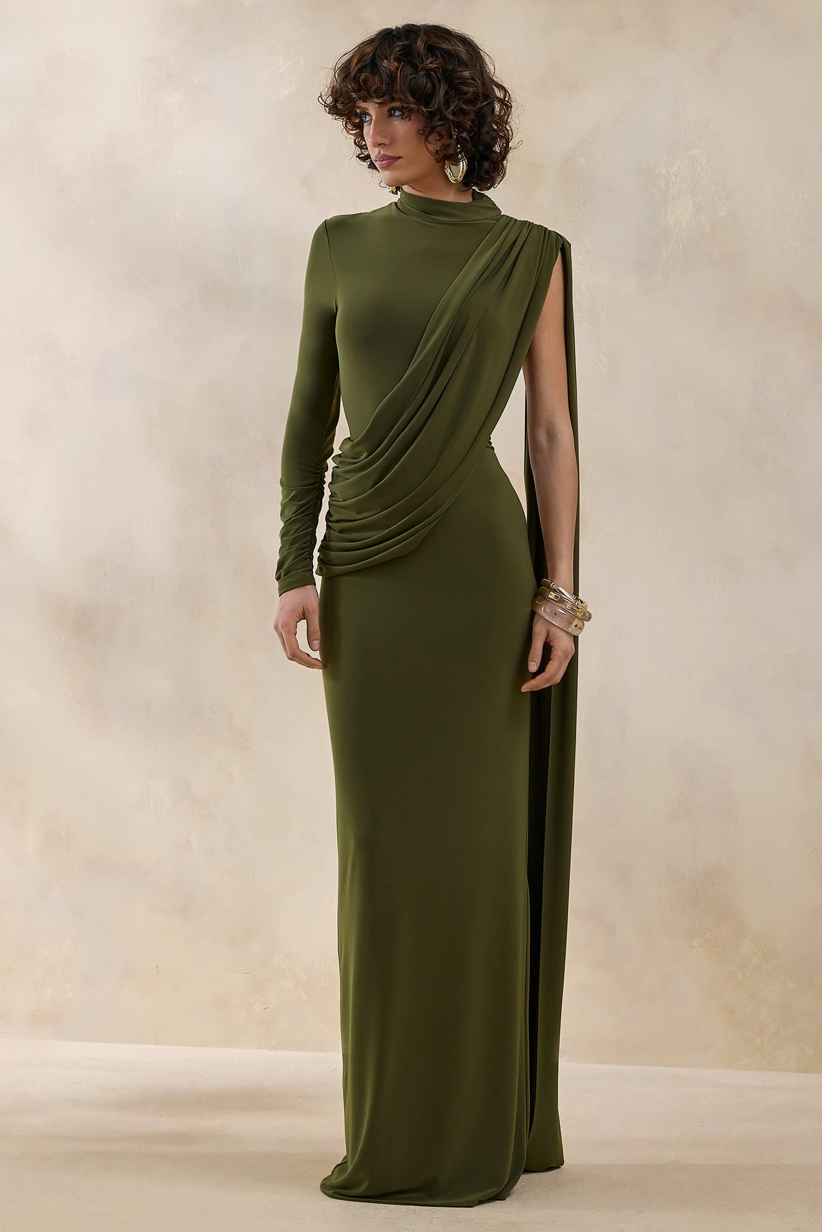 ECM_HR_CL137695031 - Oliria | Olive High-Neck Maxi Dress With One-Long Sleeve And Sash-Detail 0.jpg
