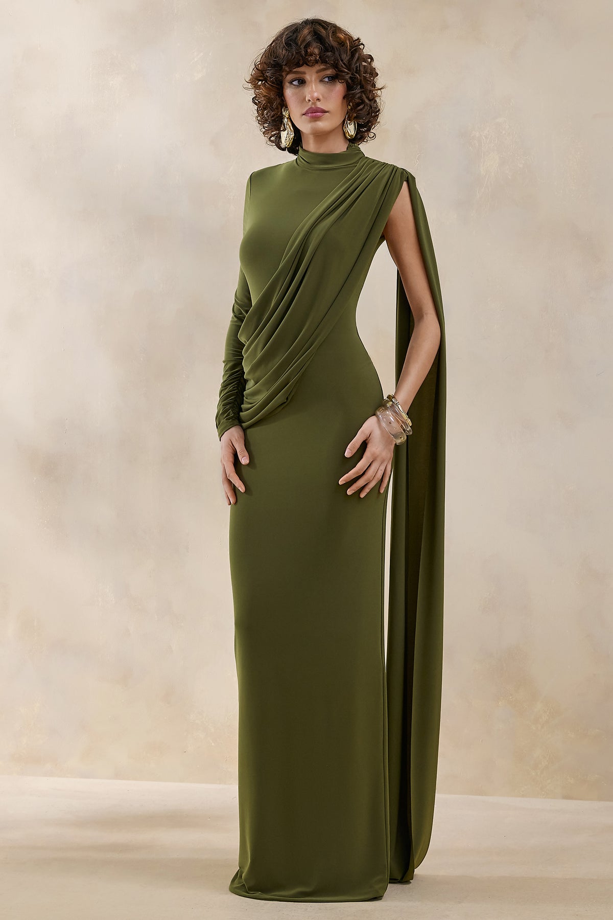 ECM_HR_CL137695031 - Oliria | Olive High-Neck Maxi Dress With One-Long Sleeve And Sash-Detail 1.jpg