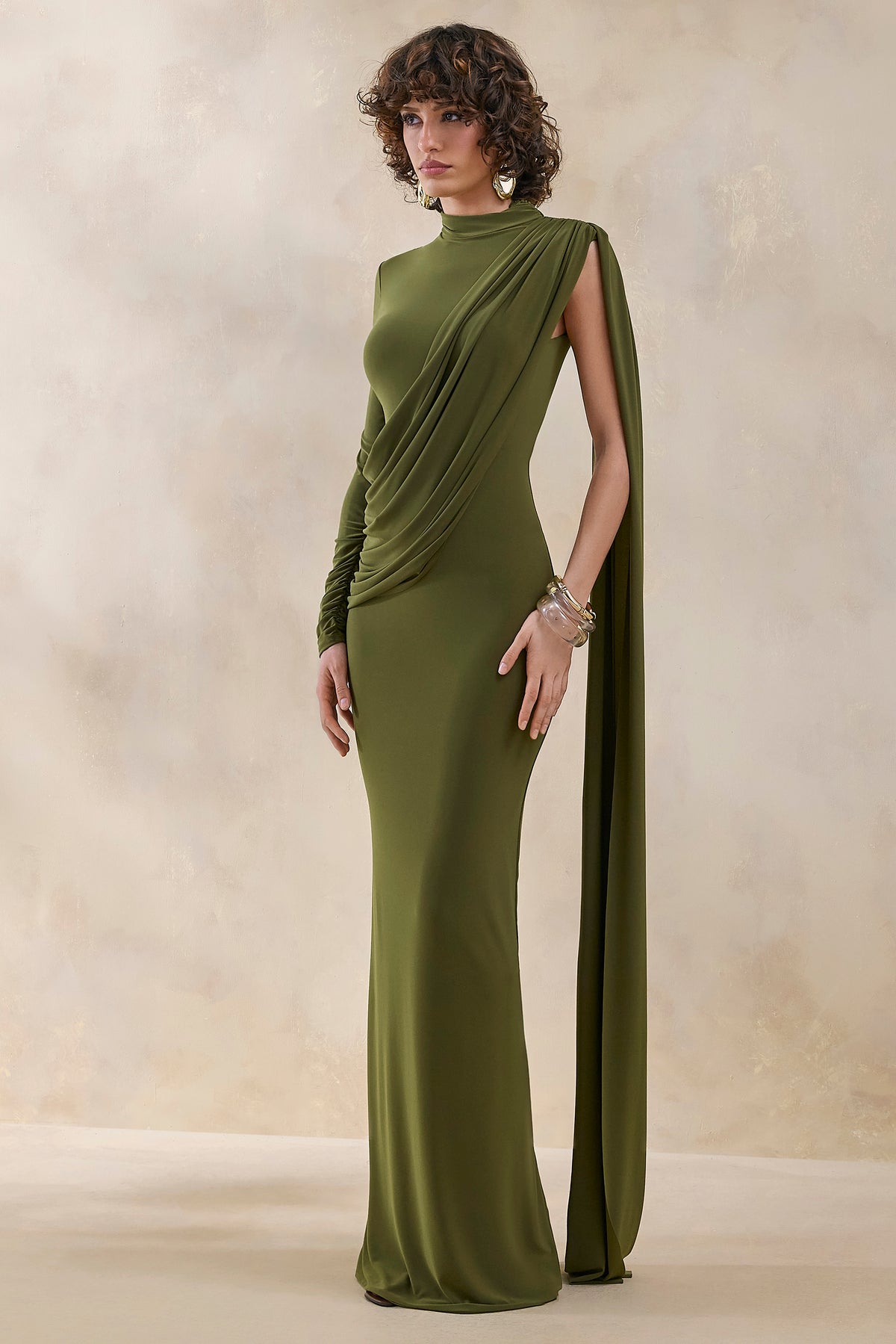 ECM_HR_CL137695031 - Oliria | Olive High-Neck Maxi Dress With One-Long Sleeve And Sash-Detail 2.jpg