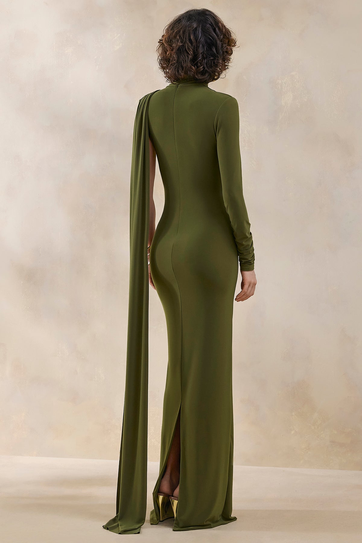 ECM_HR_CL137695031 - Oliria | Olive High-Neck Maxi Dress With One-Long Sleeve And Sash-Detail 3.jpg
