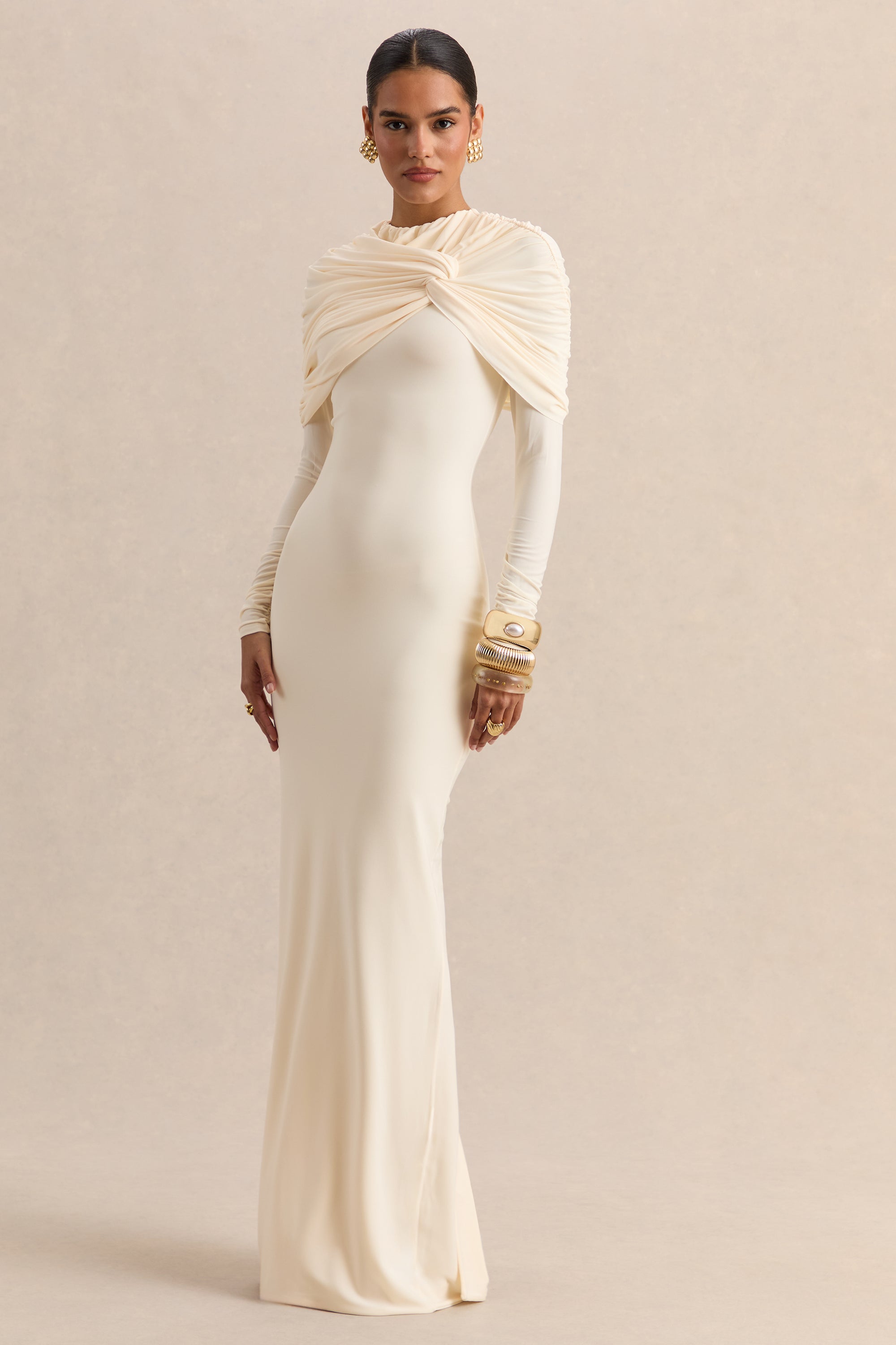 ECM_HR-CL137698111 - Evessa - Cream High-Neck Maxi Dress With Gathered-Detailing 01.jpg