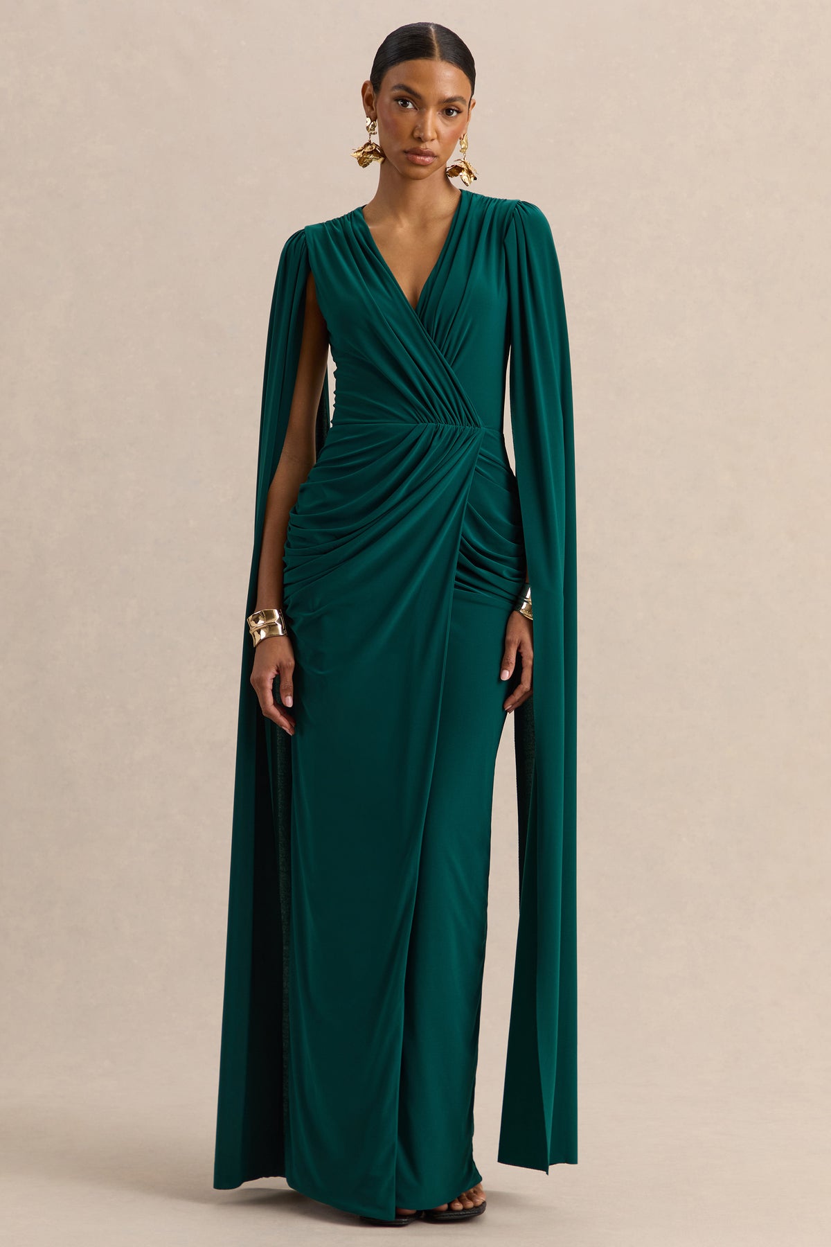 ECM_HR_CL137702030  - Ulissia Bottle Green V-Neck Maxi Dress With Cape-Sleeves 2.jpg