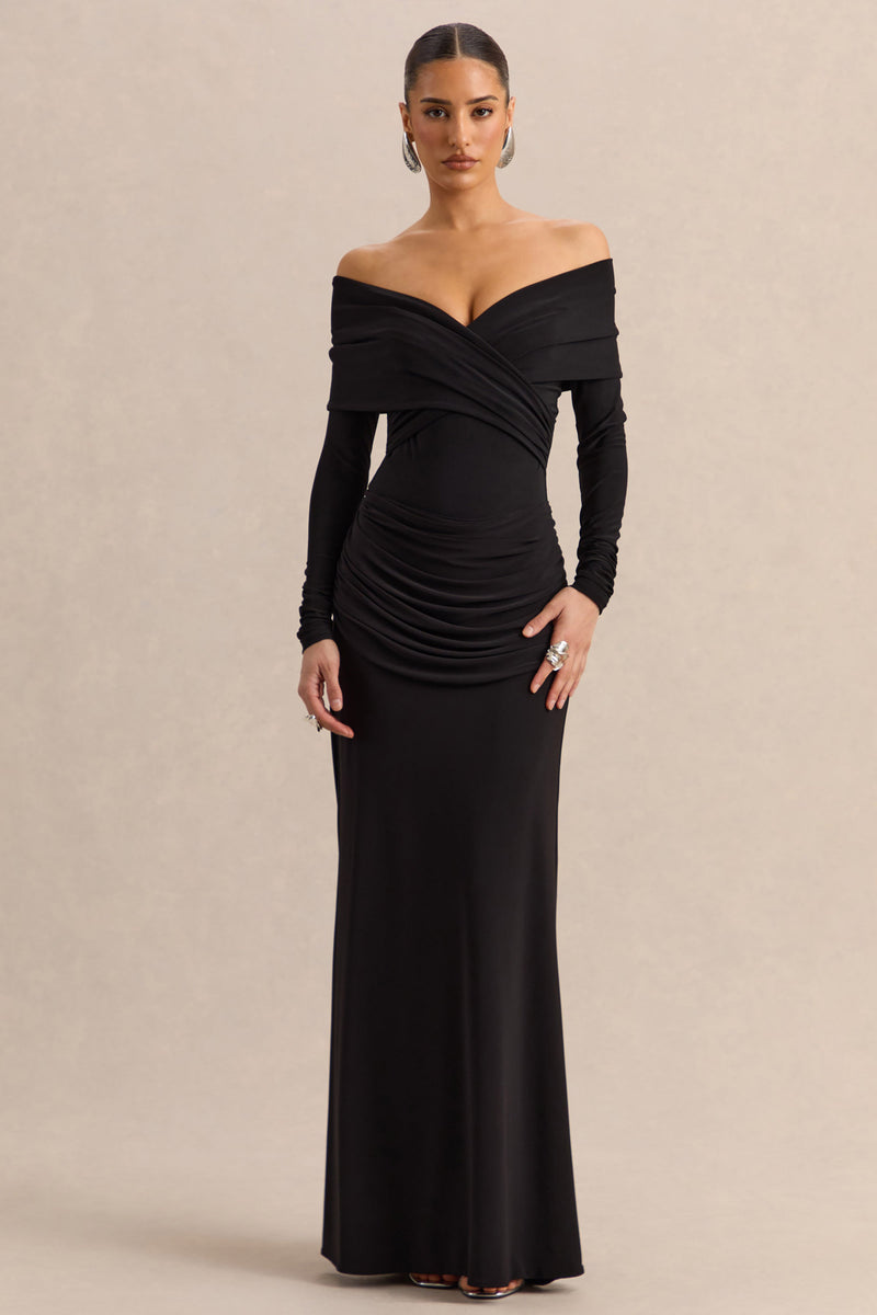 CL13783600106_ECM_HR_CL137820001---Kaelis-_-Black-Bardot-Neck-Bodysuit-With-Long-Sleeves-_-CL137836001---Esara-_-Black-Maxi-Skirt-With-Gathered-Detailing-3