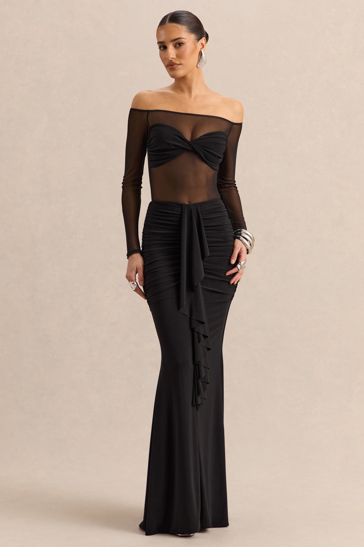 ECM_HR_CL137843001 - Iskra | Black Extreme Ruffled Maxi Skirt + CL137826001 - Maira | Black Mesh Bardot-Neck Bodysuit 1.jpg