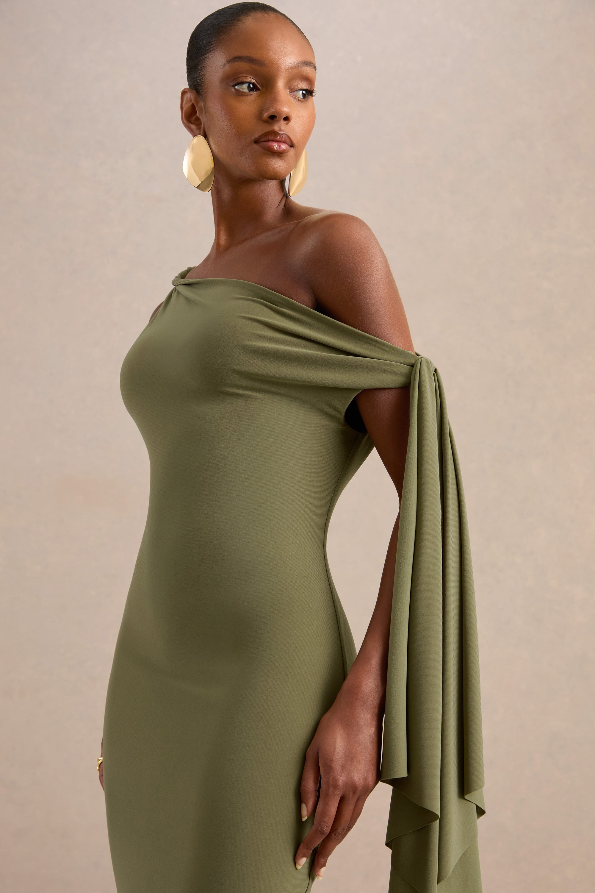 ECM_HR_CL137892031 - Arcelia Olive Asymmetric-Neck Midi Dress With Knot-Sleeve Detail3.jpg