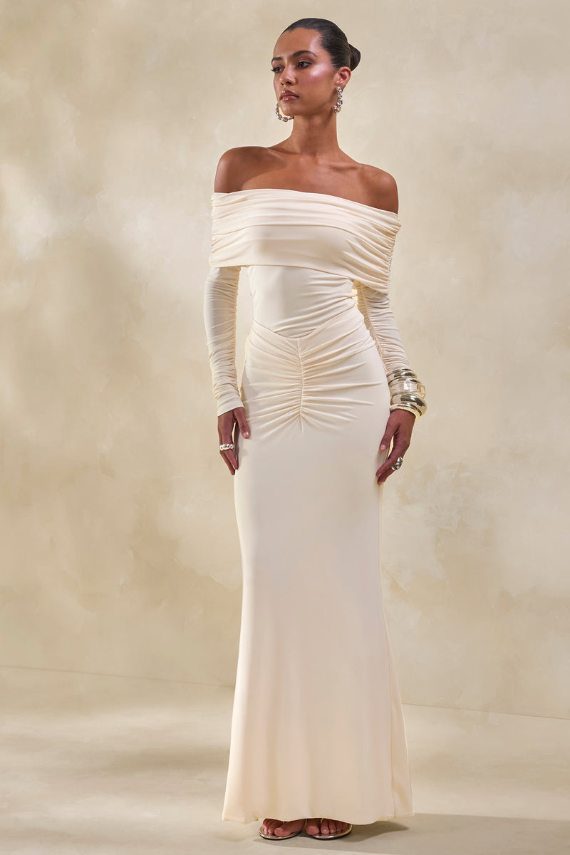 CL137952111 - Micaela _ Cream Ruched Maxi Skirt + CL137948111 - Drina _ Cream Bardot Neck Bodysuit With Ruched Long Sleeves0.jpg