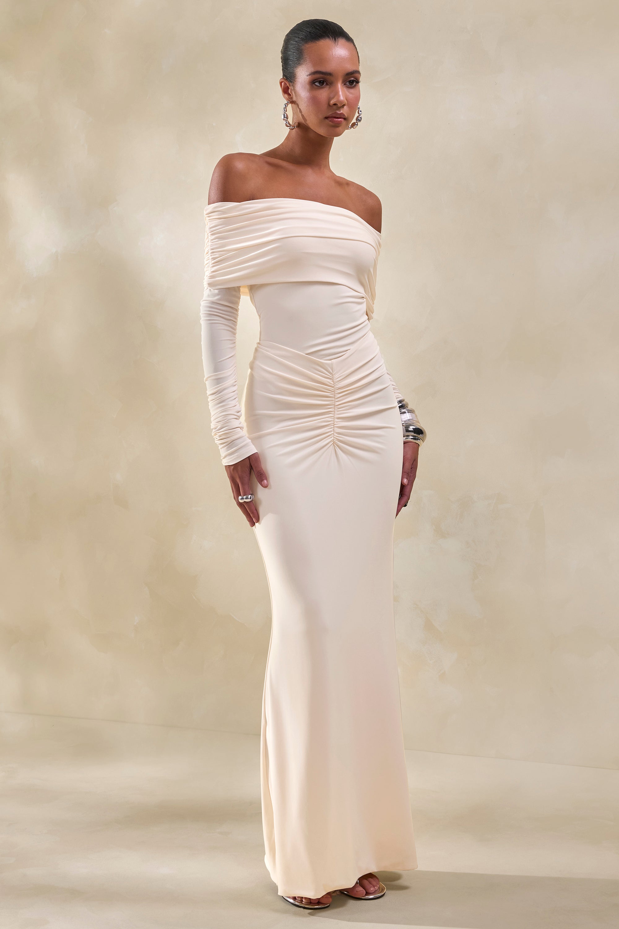 CL137952111 - Micaela _ Cream Ruched Maxi Skirt + CL137948111 - Drina _ Cream Bardot Neck Bodysuit With Ruched Long Sleeves1.jpg