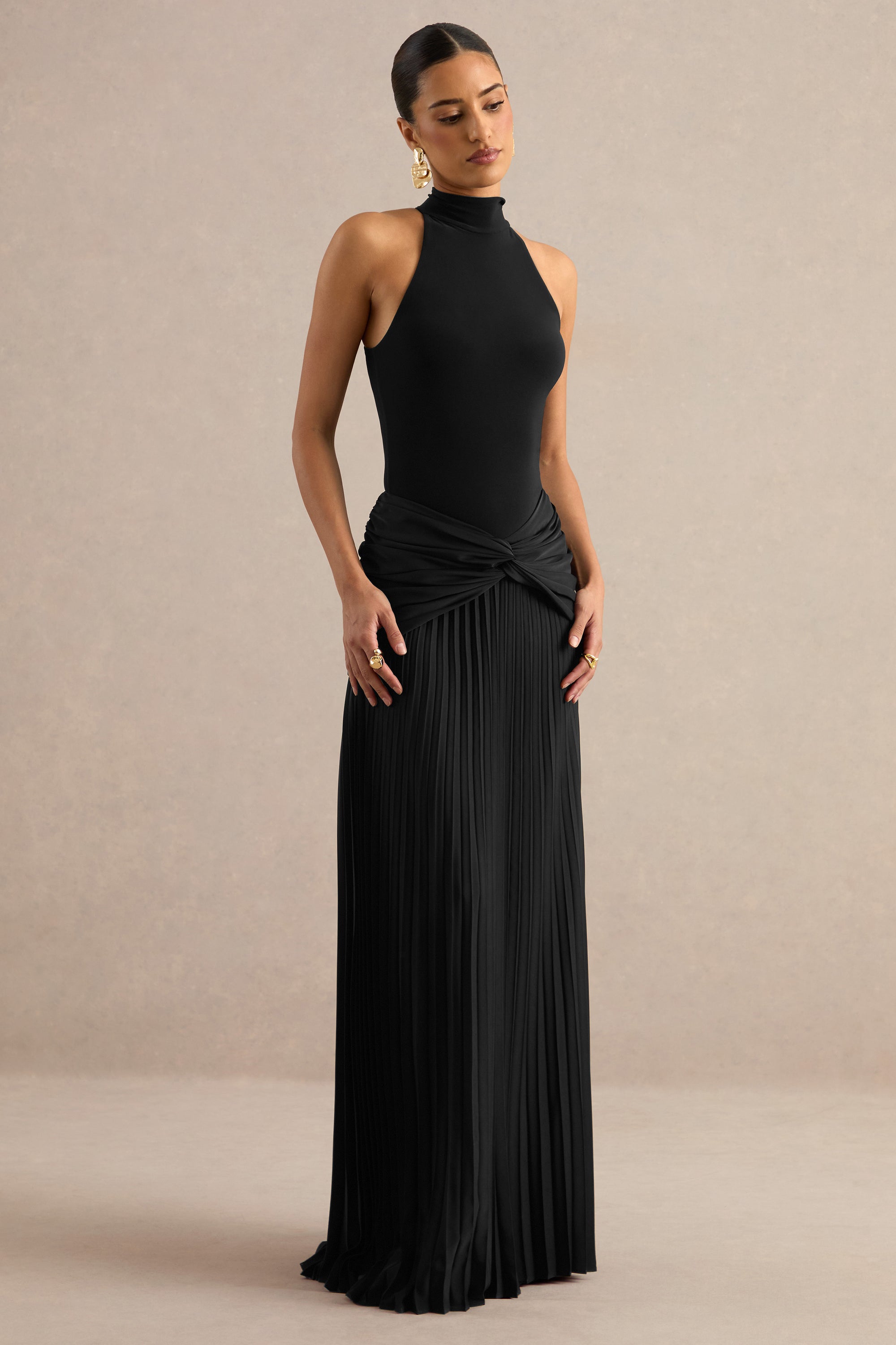 ECM_HR_CL137963001 - Galisse _ Black Satin Maxi-Skirt With Gathered-Detailing + ECM_HR_CL137961001 - Genevia _ Black Halter Neck Bodysuit 1.jpg