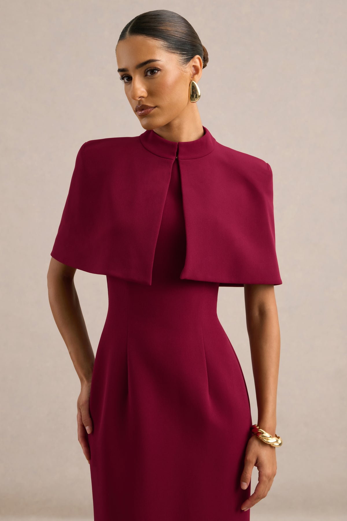 ECM_HR_CL137673102_Astrelle_Burgundy & CL138005102 - Deva Burgundy High Neck Short Sleeve Cape_5779.jpg