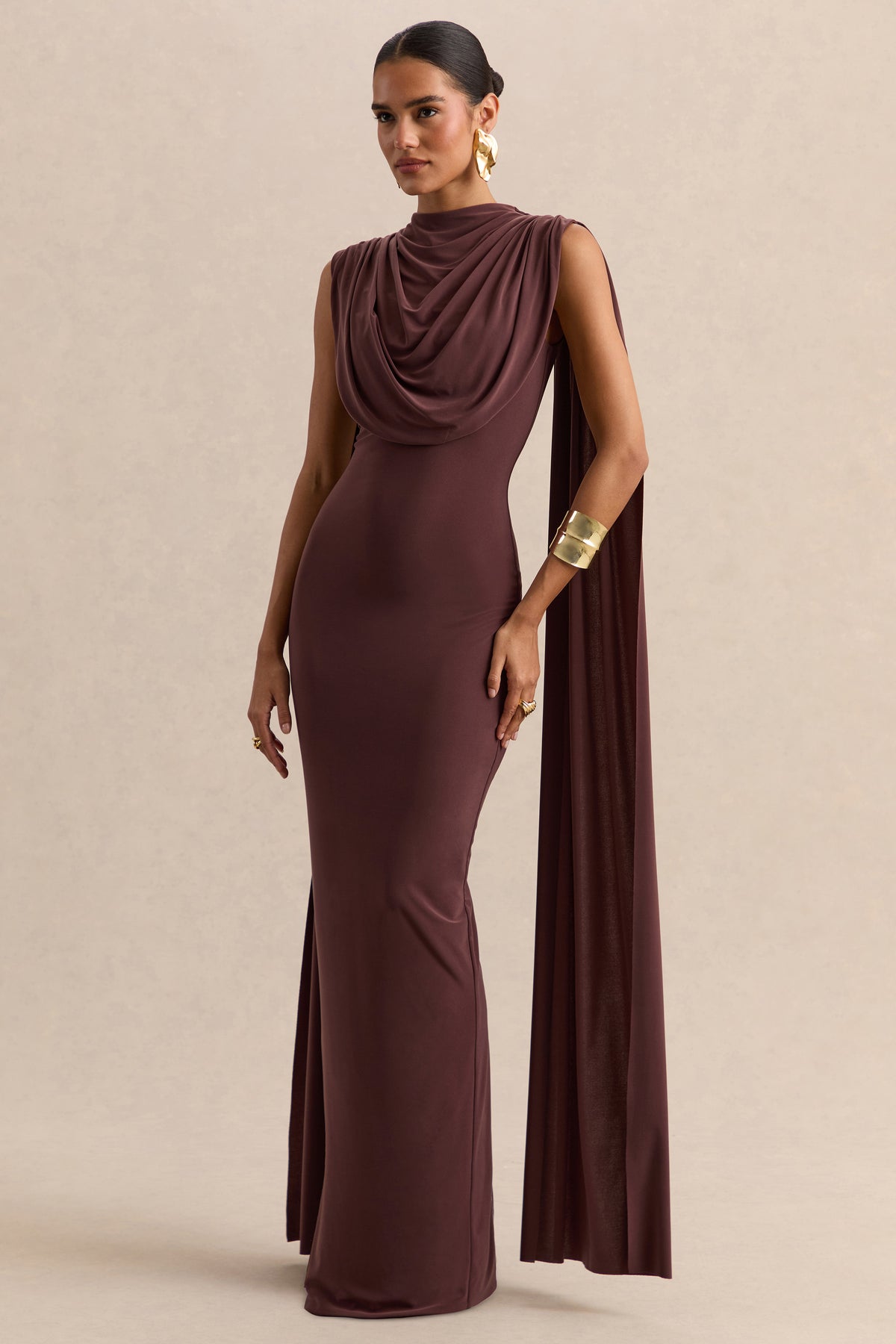 ECM_HR_CL138023021 - Patrina - Brown High-Neck Maxi Dress With Draped-Detailing And Cape-Sleeves 01.jpg