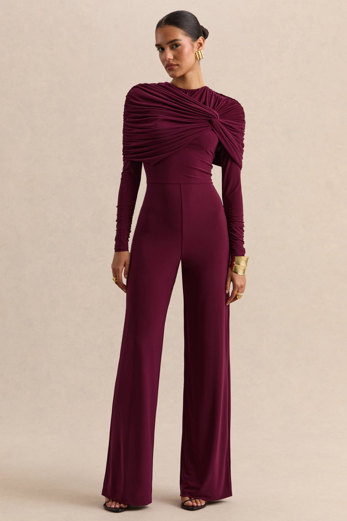 ECM_HR_CL138033102 - Eloura - Burgundy High-Neck Jumpsuit With Twist-Gathered Detail 01.jpg