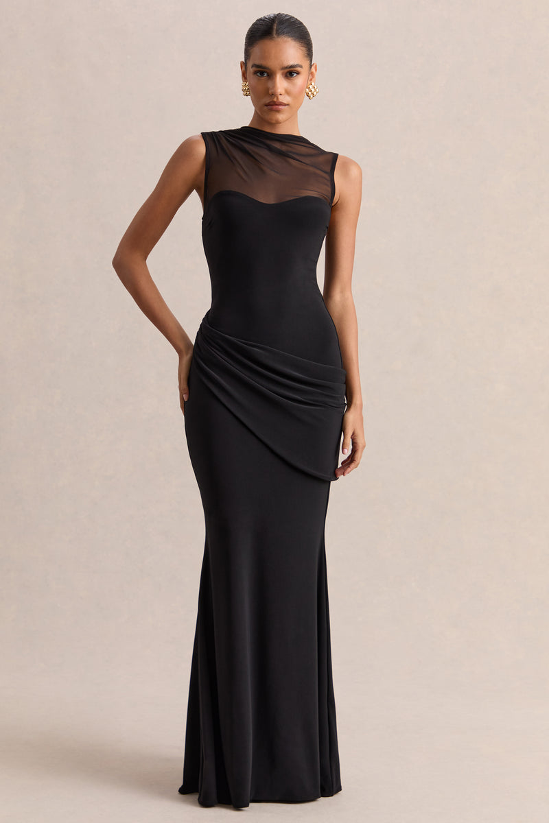 Lyssy Black High-Neck Maxi Dress With Mesh-Detail – Club L London