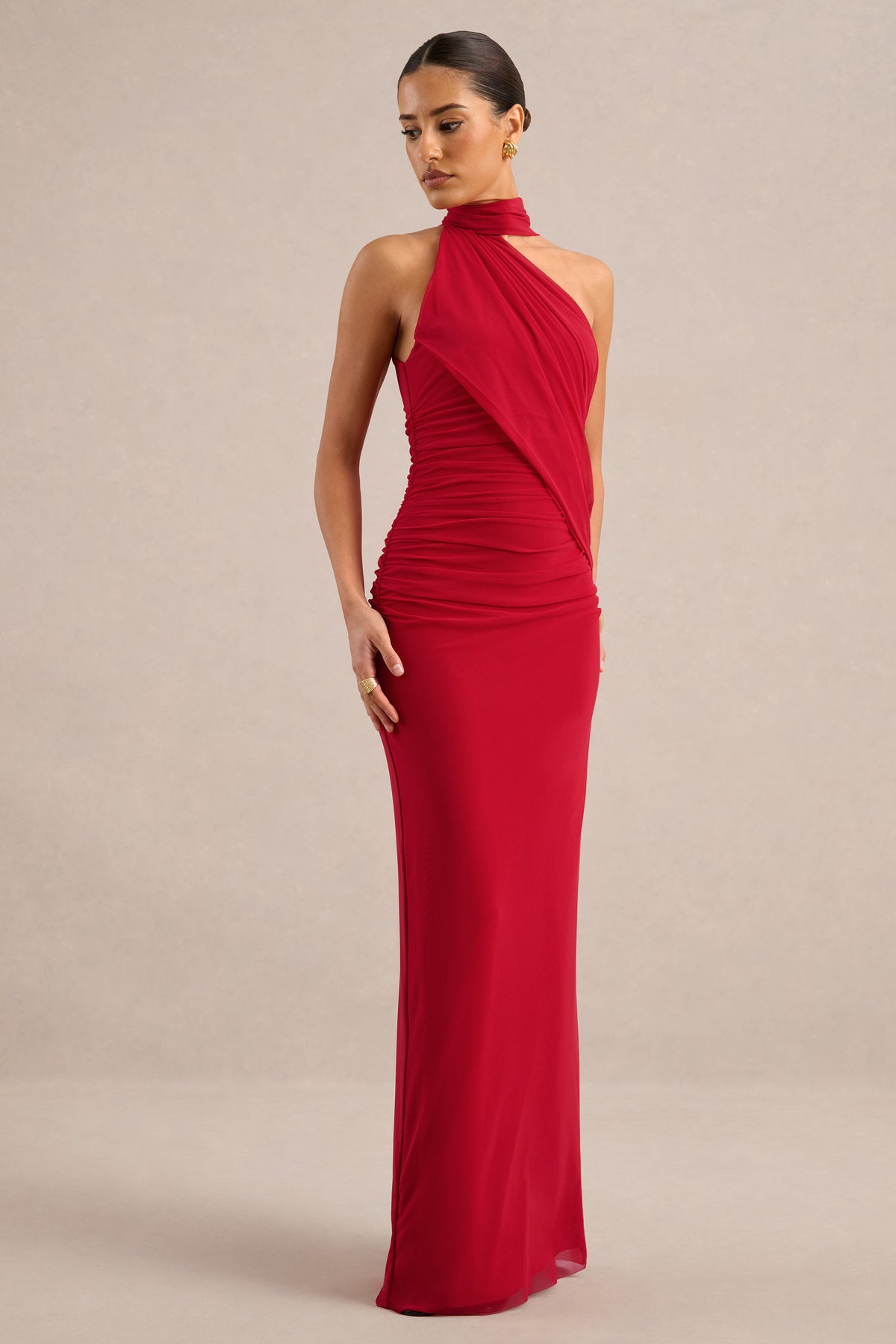ECM_HR_CL138121100 - Gelsey - Red Mesh High Neck Ruched Maxi Dress With Scarf Detail1.jpg