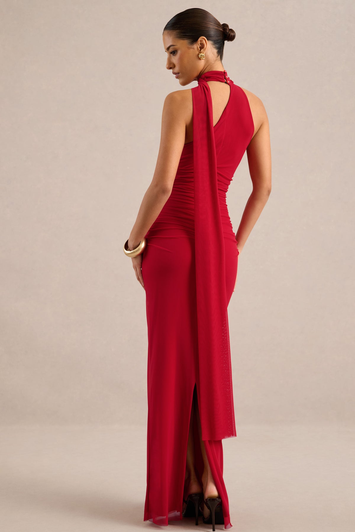 ECM_HR_CL138121100 - Gelsey - Red Mesh High Neck Ruched Maxi Dress With Scarf Detail5.jpg