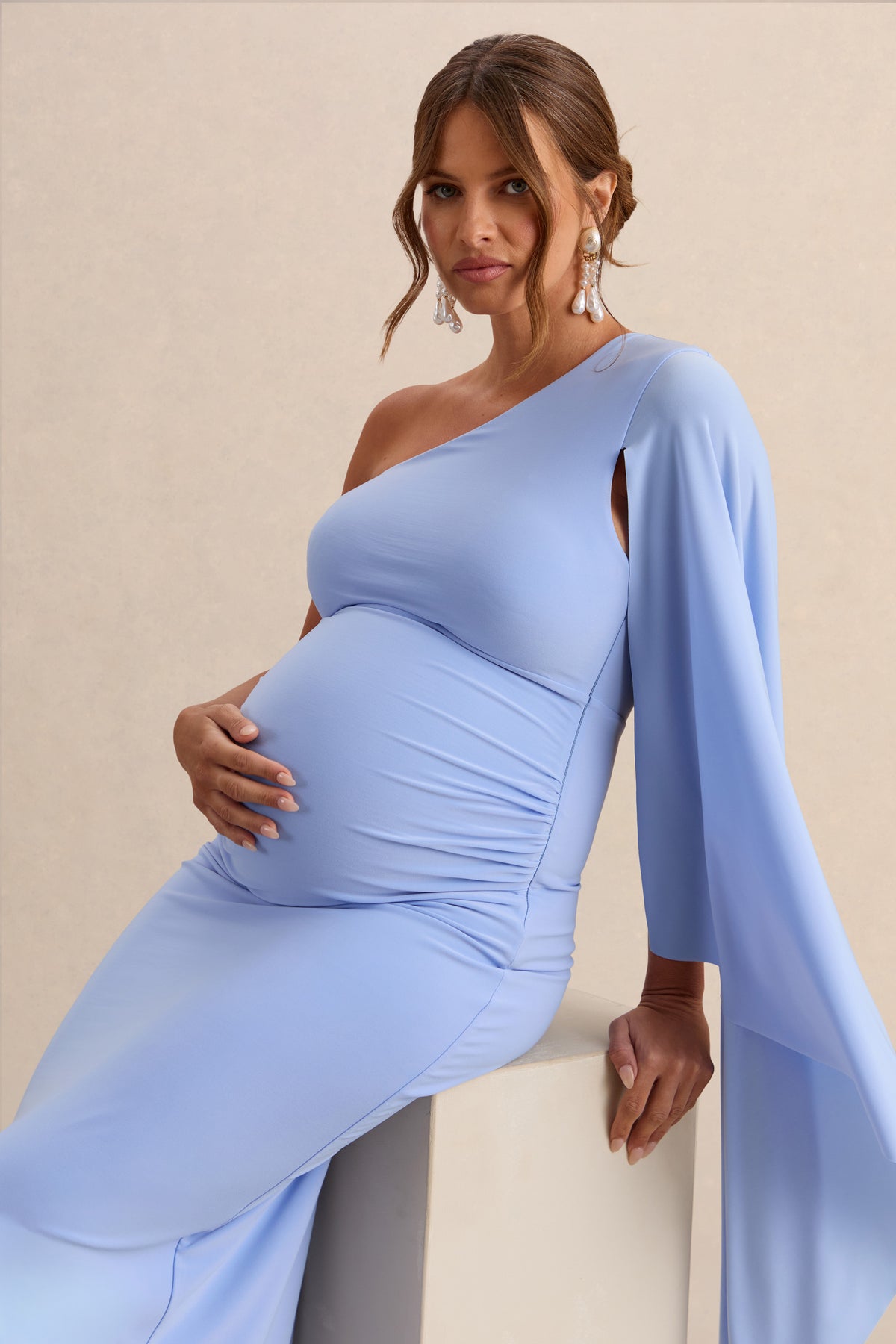 ECM_HR_CL138191013  - Shanae Light Blue Asymmetric-Neck Maternity Maxi Dress With Cape Sleeve And Gathered Detailing 5.jpg