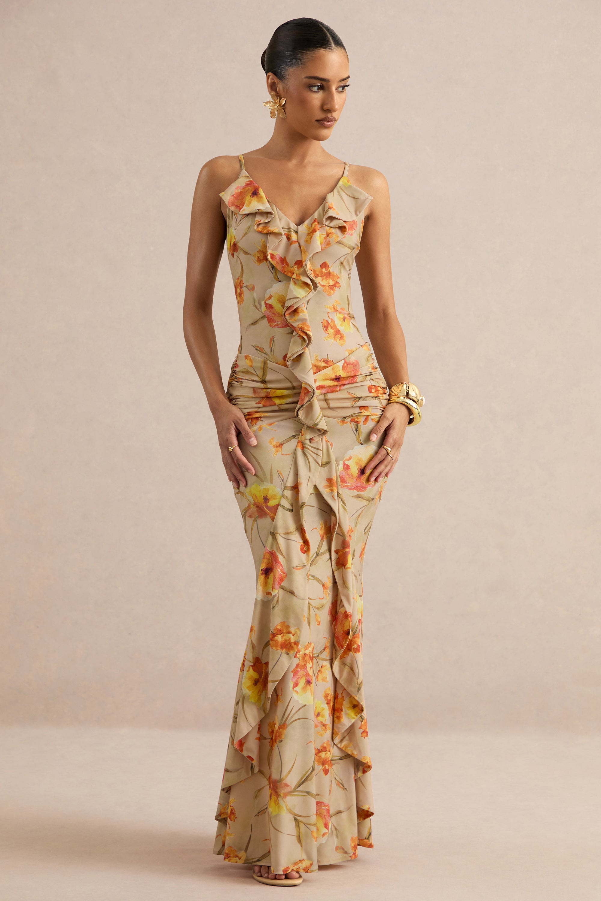 ECM_HR_CL138217070 - Amali | Orange Floral V-Neck Maxi Dress With Ruffled Detailing 1.jpg