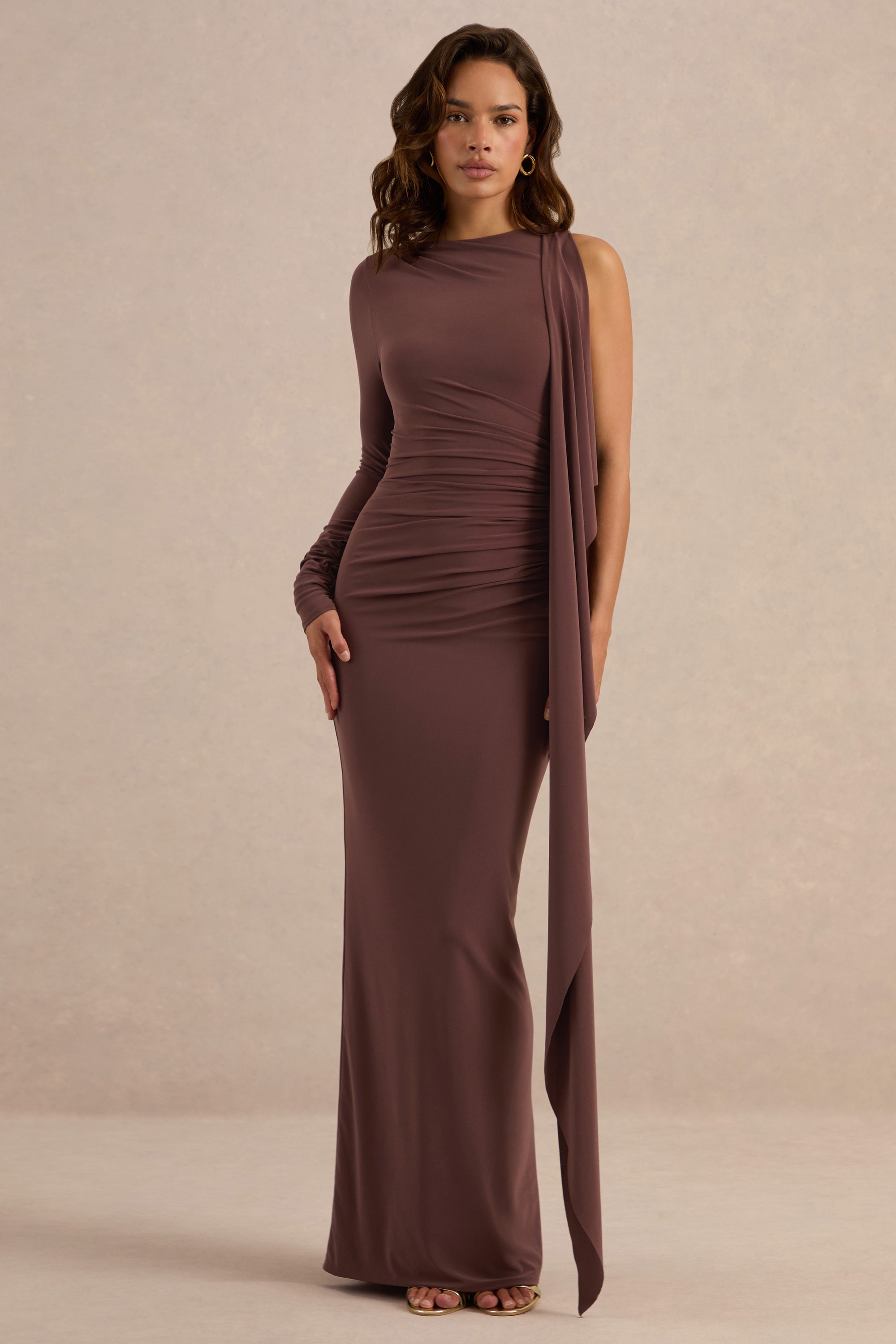 ECM_HR_CL138263022 - Epona Dark Brown Wide-Neck Maxi Dress With One-Long Sleeve And Sash-Detail0.jpg