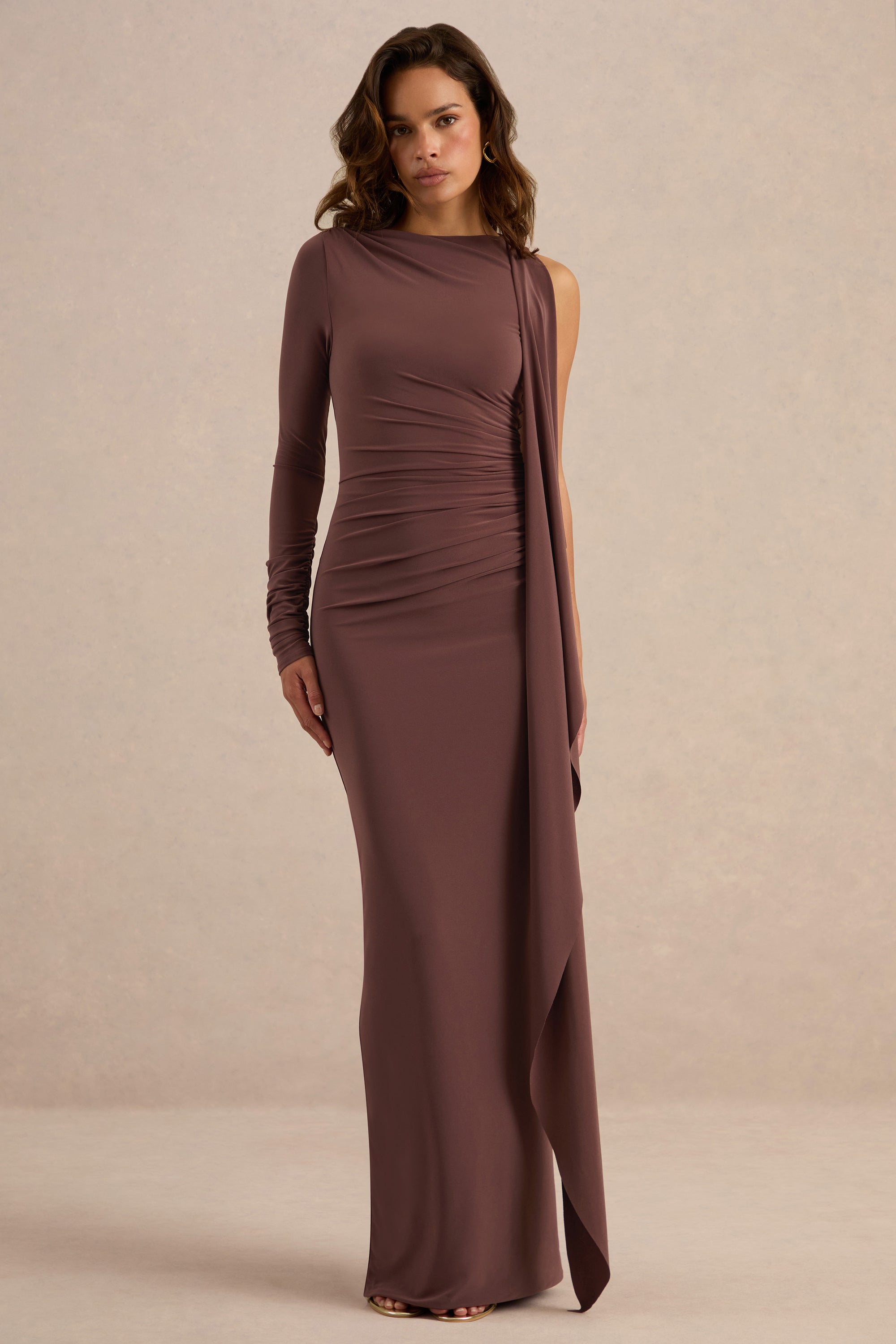 ECM_HR_CL138263022 - Epona Dark Brown Wide-Neck Maxi Dress With One-Long Sleeve And Sash-Detail2.jpg