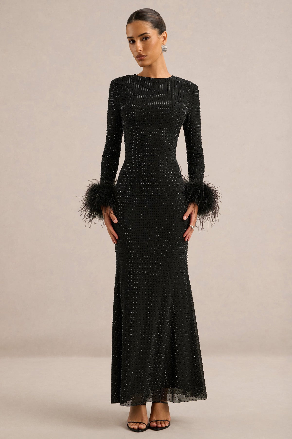 CL13839400106_ECM_HR_CL138394001_-_Garance___Black_Hotfix_Round-Neck_Maxi_Dress_With_Feather_Trim_Cuffs1