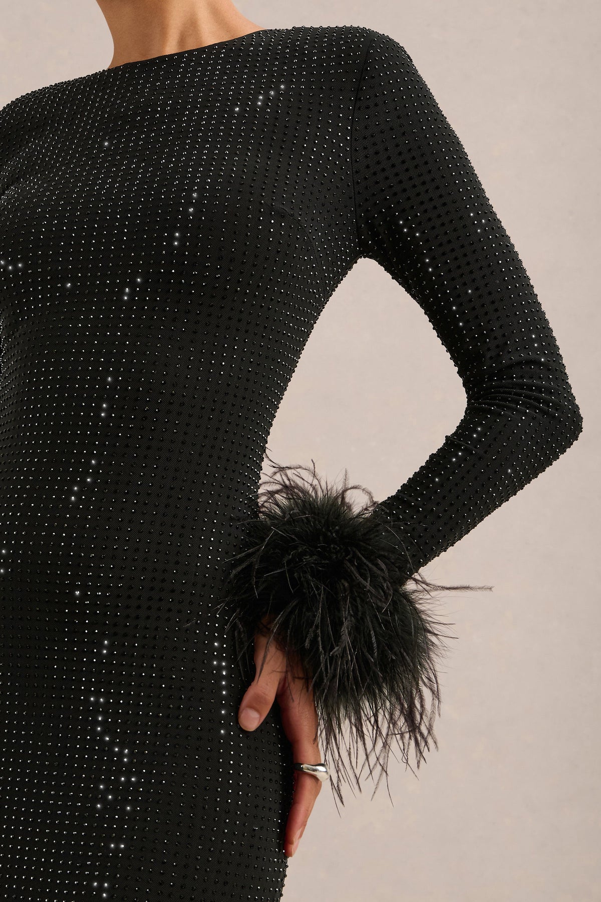 CL13839400106_ECM_HR_CL138394001_-_Garance___Black_Hotfix_Round-Neck_Maxi_Dress_With_Feather_Trim_Cuffs4