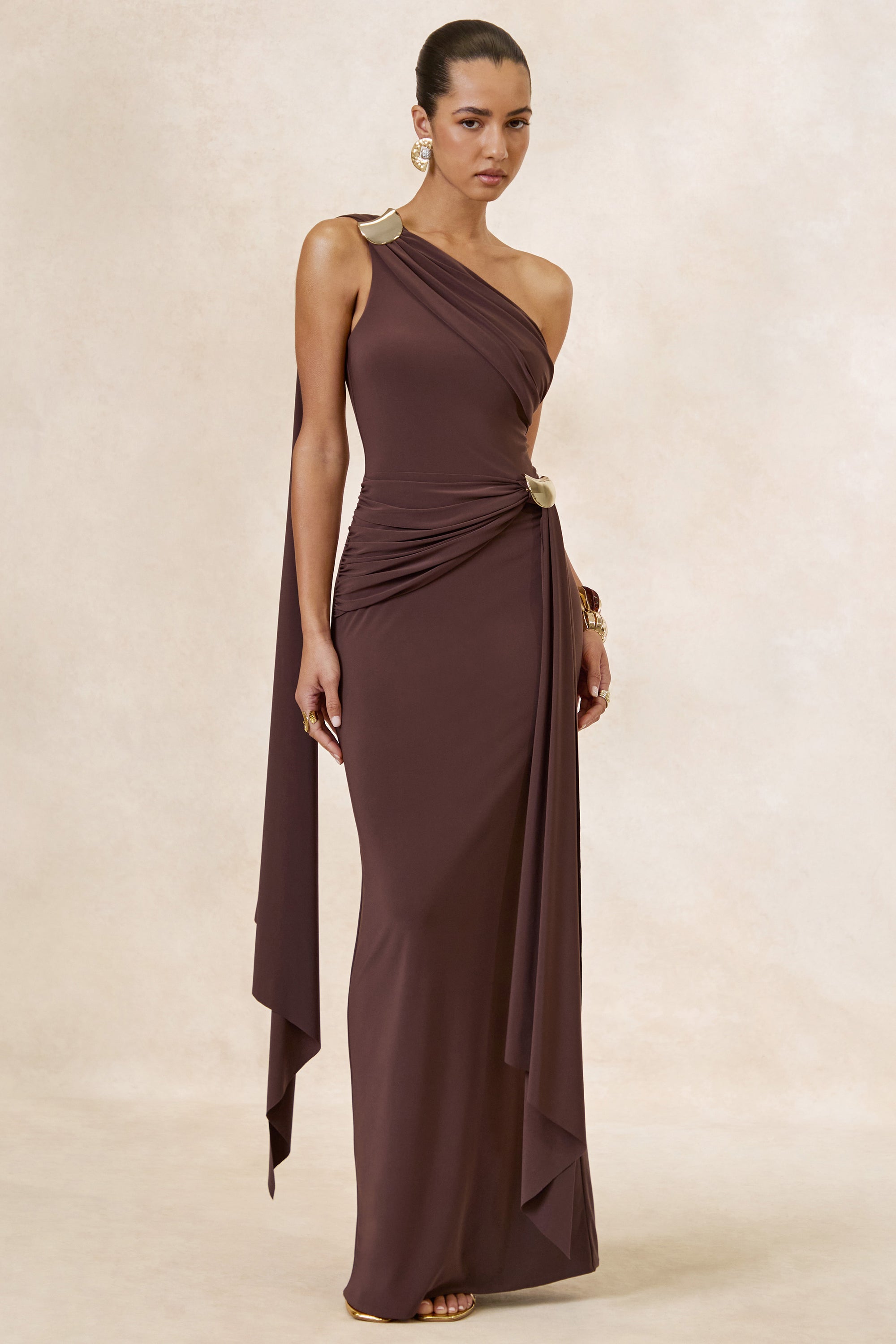 CL138426022 - Sariah _ Dark Brown Asymmetric-Neck Maxi Dress With Gathered Detailing And Gold Details2.jpg