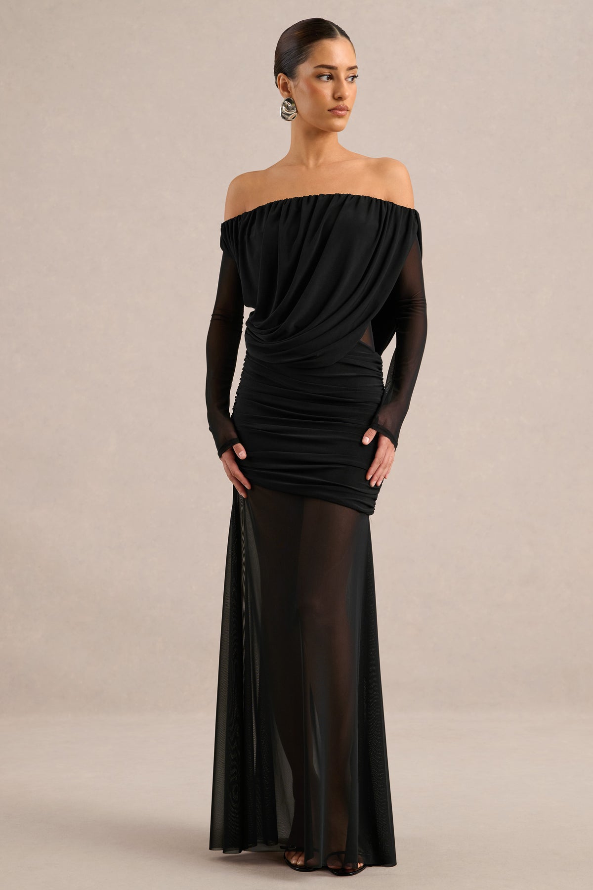 ECM_HR_CL138432001 - Amaline | Black Mesh Bardot-Neck Maxi Dress With Draped Detailing1.jpg