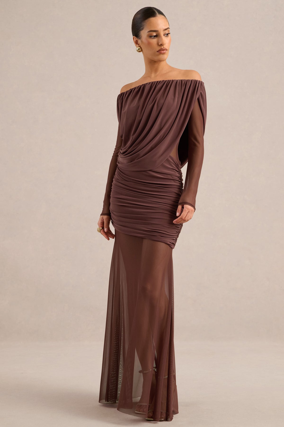 ECM_HR_CL138432022 - Amaline | Dark Brown Mesh Bardot-Neck Maxi Dress With Draped Detailing0.jpg