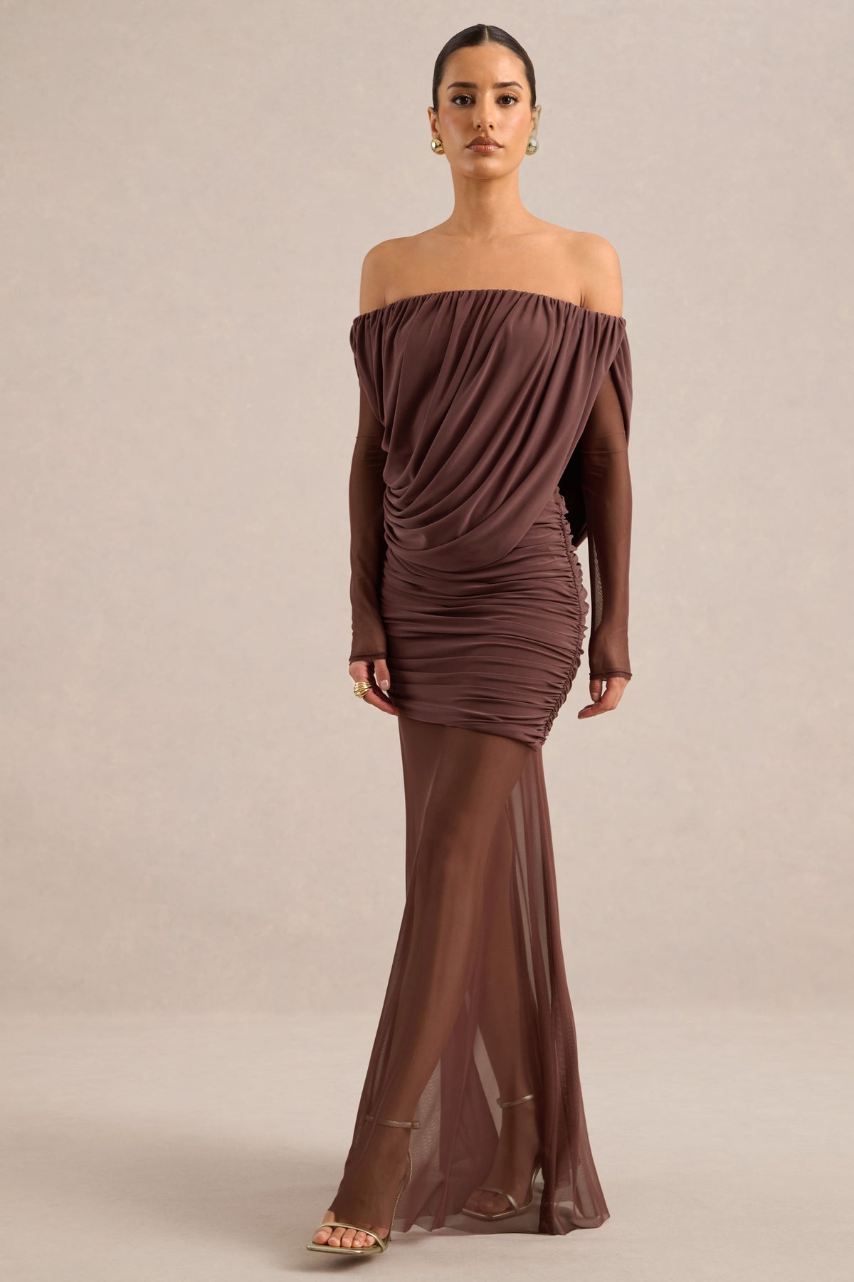 ECM_HR_CL138432022 - Amaline | Dark Brown Mesh Bardot-Neck Maxi Dress With Draped Detailing1.jpg