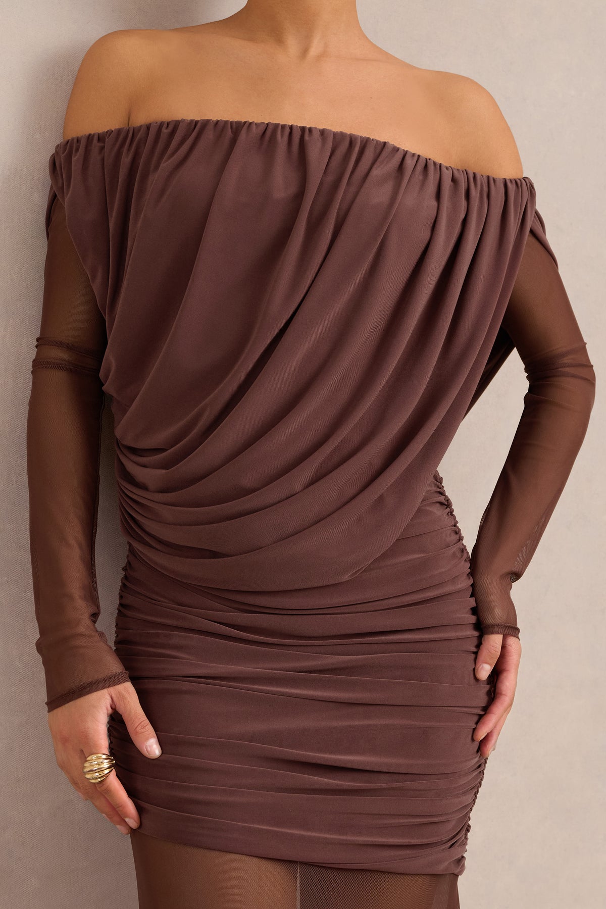 ECM_HR_CL138432022 - Amaline | Dark Brown Mesh Bardot-Neck Maxi Dress With Draped Detailing3.jpg
