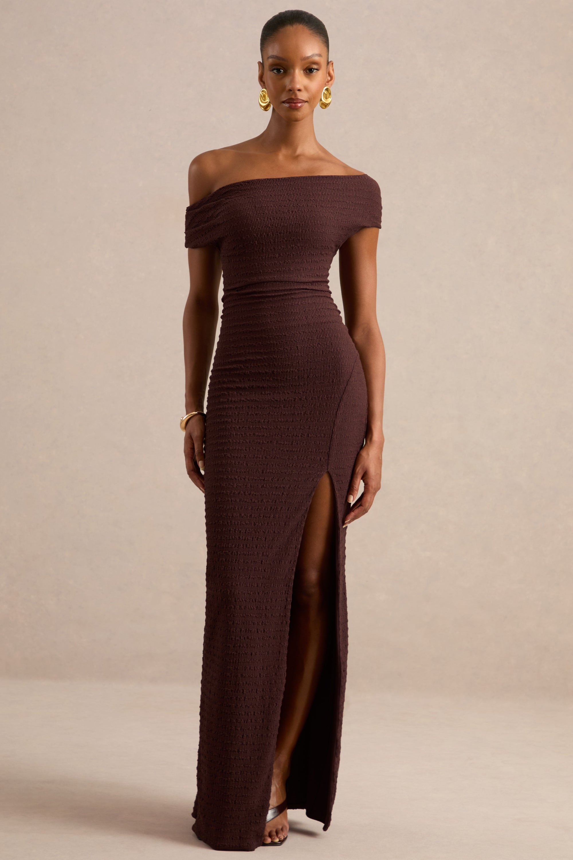 ECM_HR_CL138434022 - Aroa | Dark Brown Bardot-Neck Maxi Dress With Front High Split2.jpg