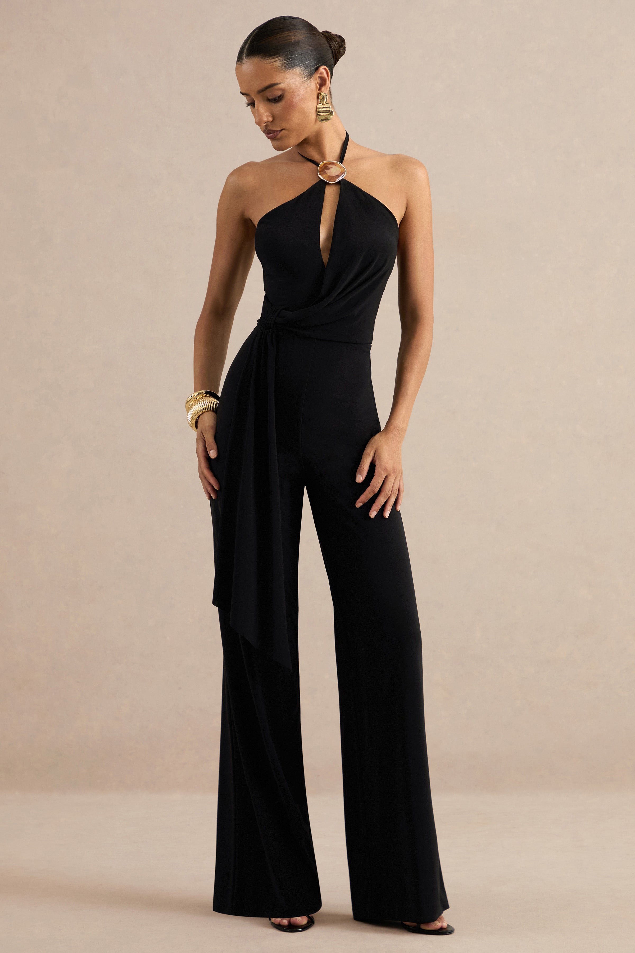 Avani | Black Halter-Neck Jumpsuit With Sash Detailing And Gold