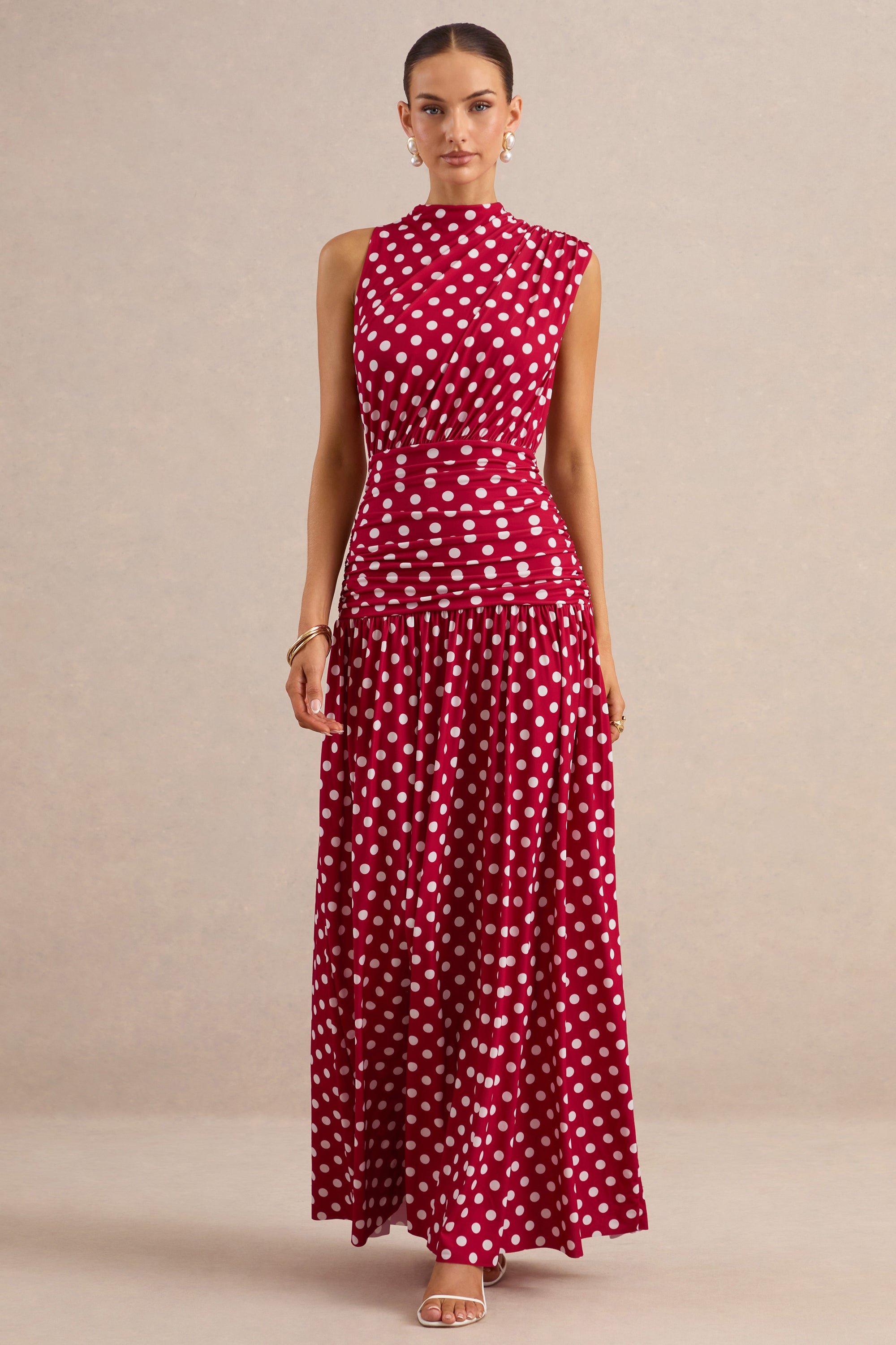 ECM_HR_CL138444100  - Kelis _ Red Polka-Dot High-Neck Maxi Dress With Draped Detailing 0.jpg