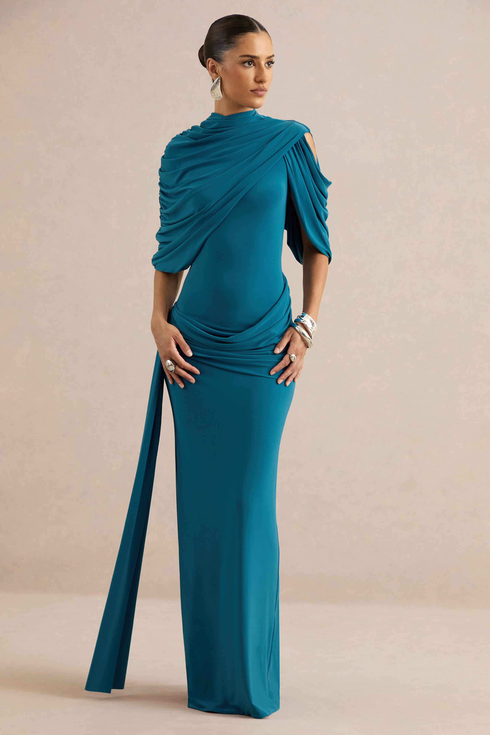 ECM_HR_CL138531036 - Eleri | Teal High-Neck Maxi Dress With One Short Cape Sleeve And Gathered Detailing 3.jpg