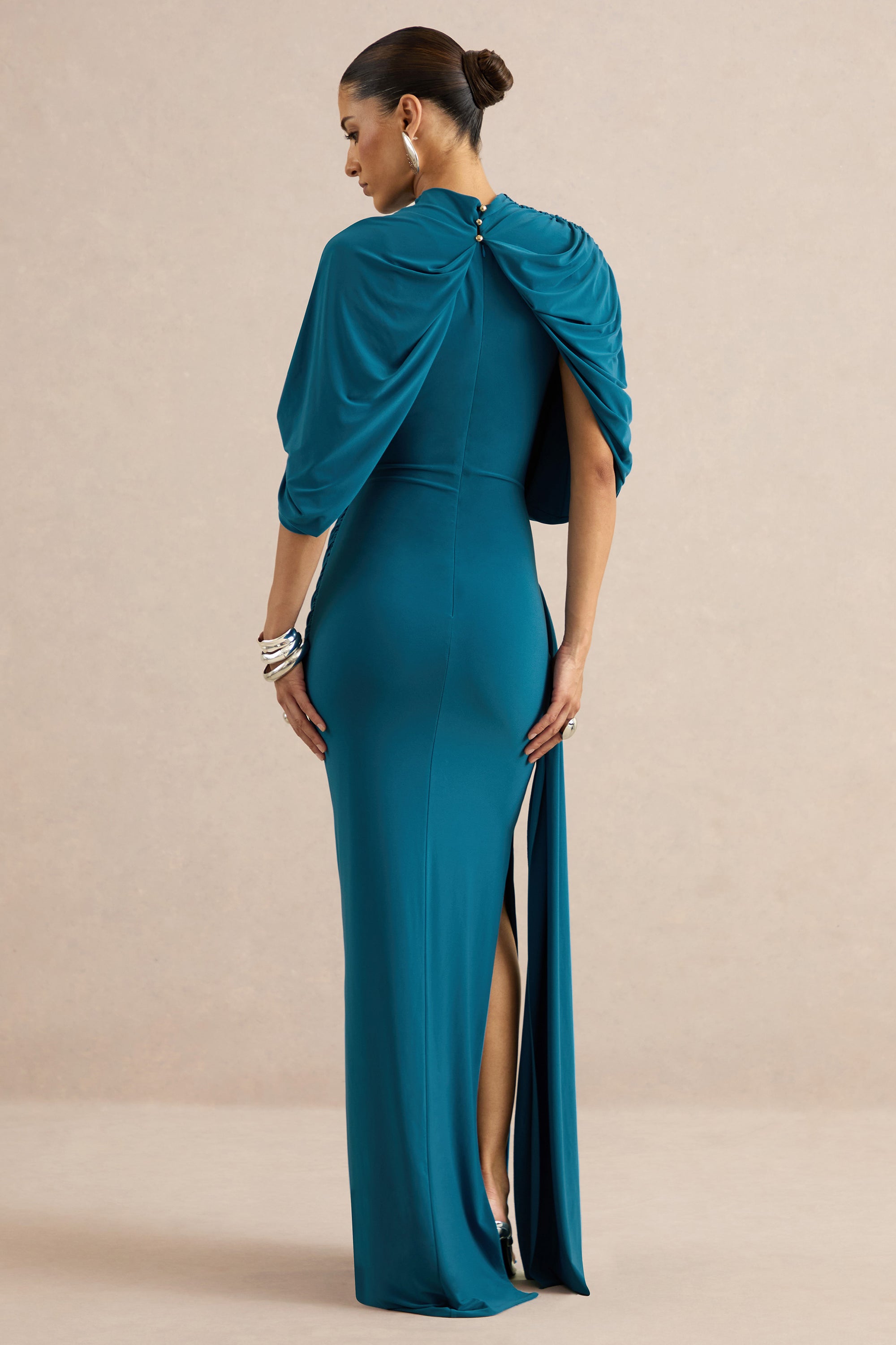 ECM_HR_CL138531036 - Eleri | Teal High-Neck Maxi Dress With One Short Cape Sleeve And Gathered Detailing 7.jpg