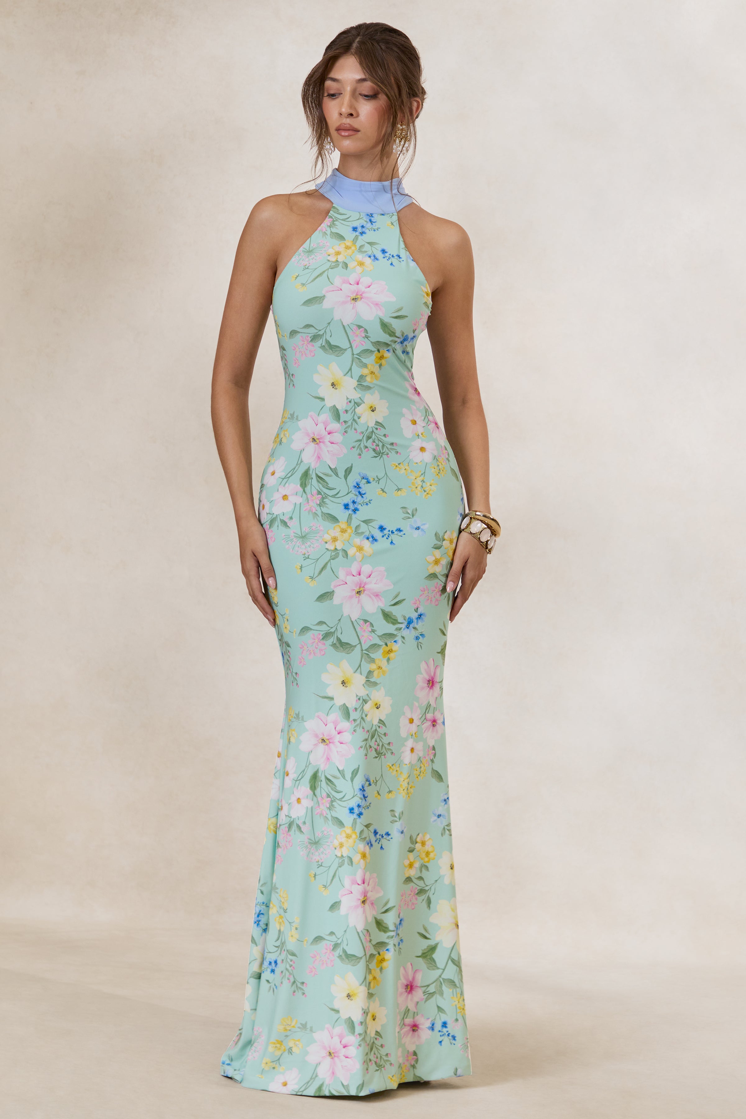 Inarah | Mint Floral Print High-Neck Maxi Dress With Scarf Detail ...