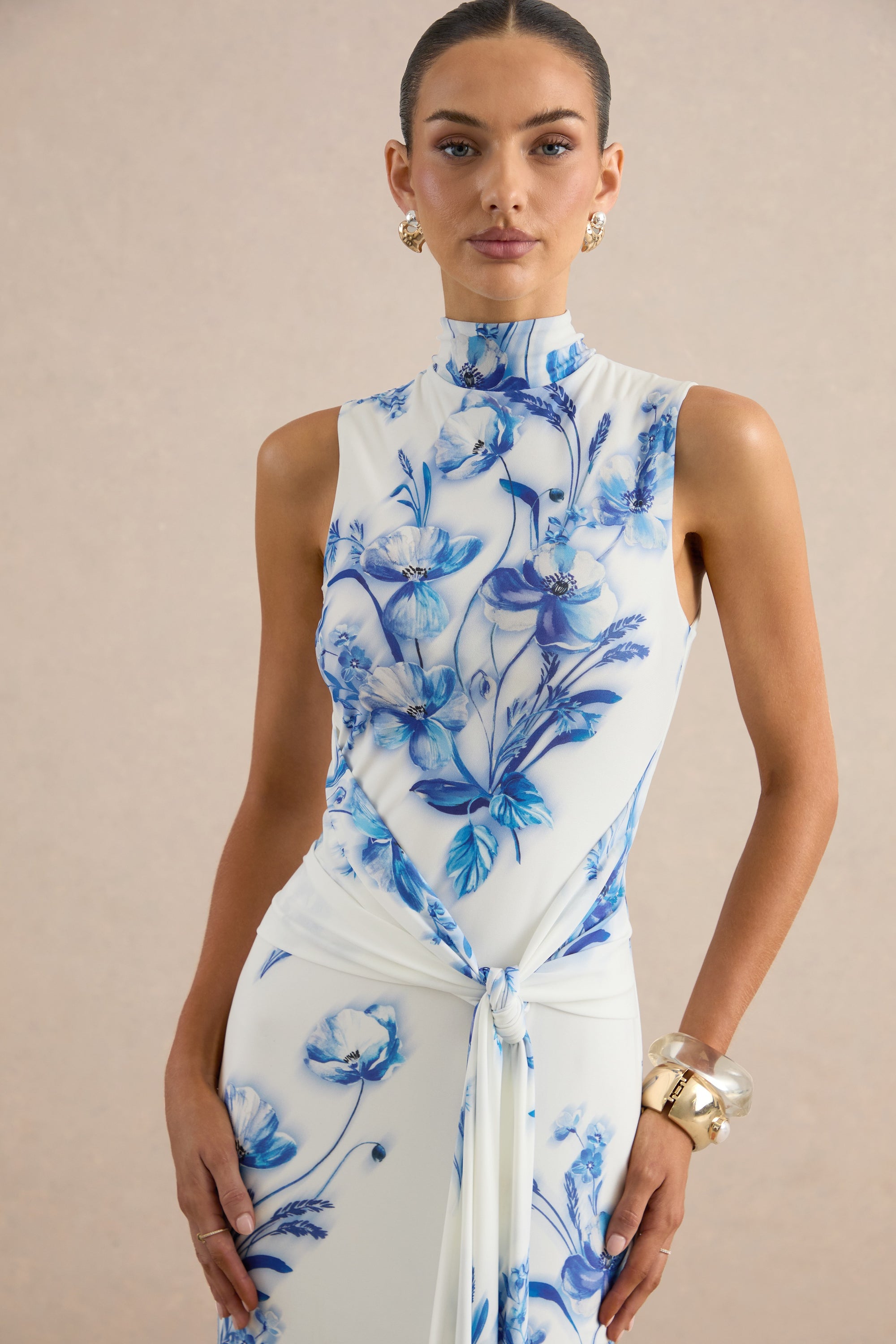 Isella Blue Floral Print High-Neck Maxi Dress With Gathered Detailing CL138567153 44.jpg